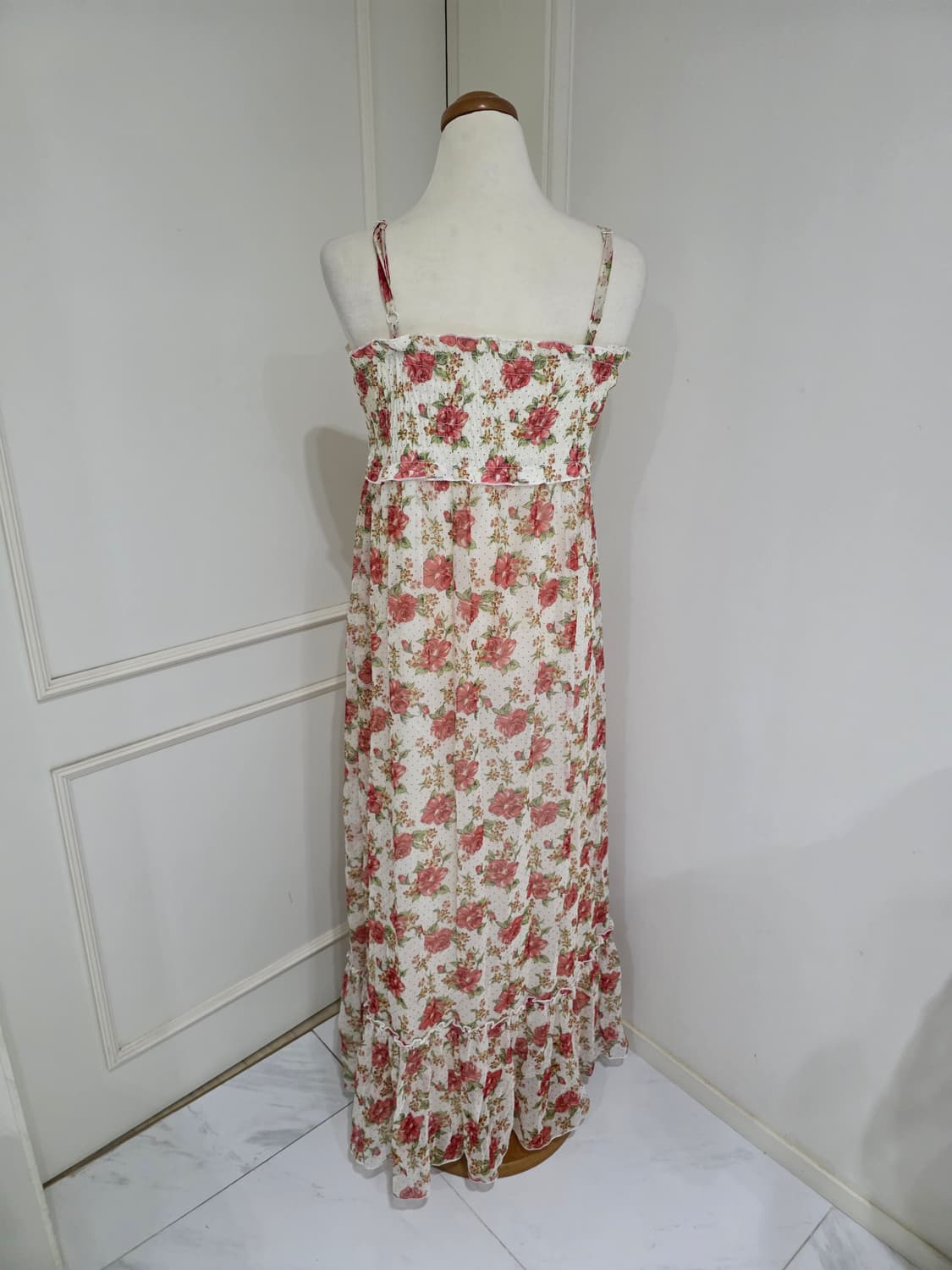 일본빈티지)플로럴 장미 도트 스즈코모리걸히메갸루 쉬폰 밴딩스모크 롱원피스 상품이미지3