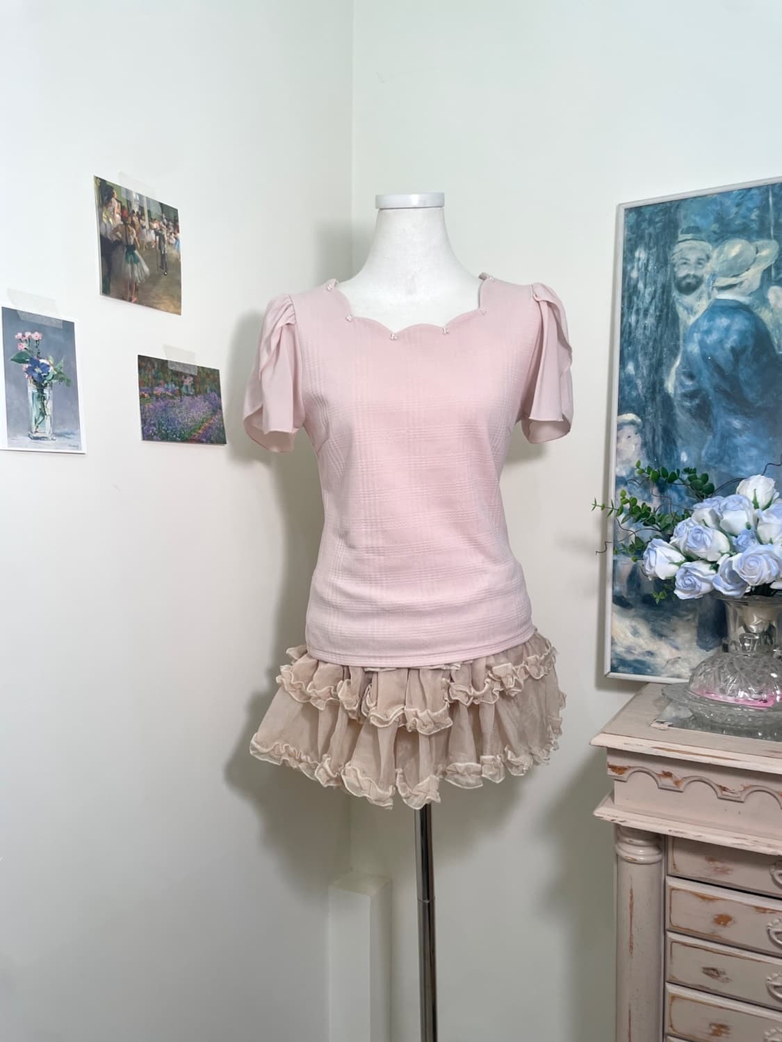 pink beads point puff sleeve top(size-M) 상품이미지1