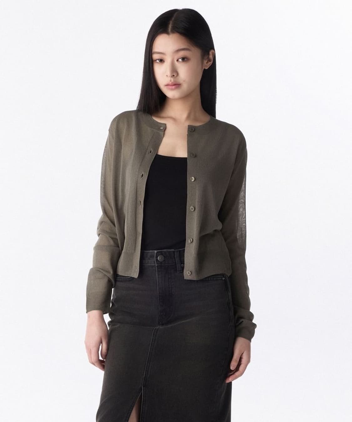 무신사 스탠다드 우먼 시어 라운드 넥 가디건 여름 웜 그레이 M 상품이미지1