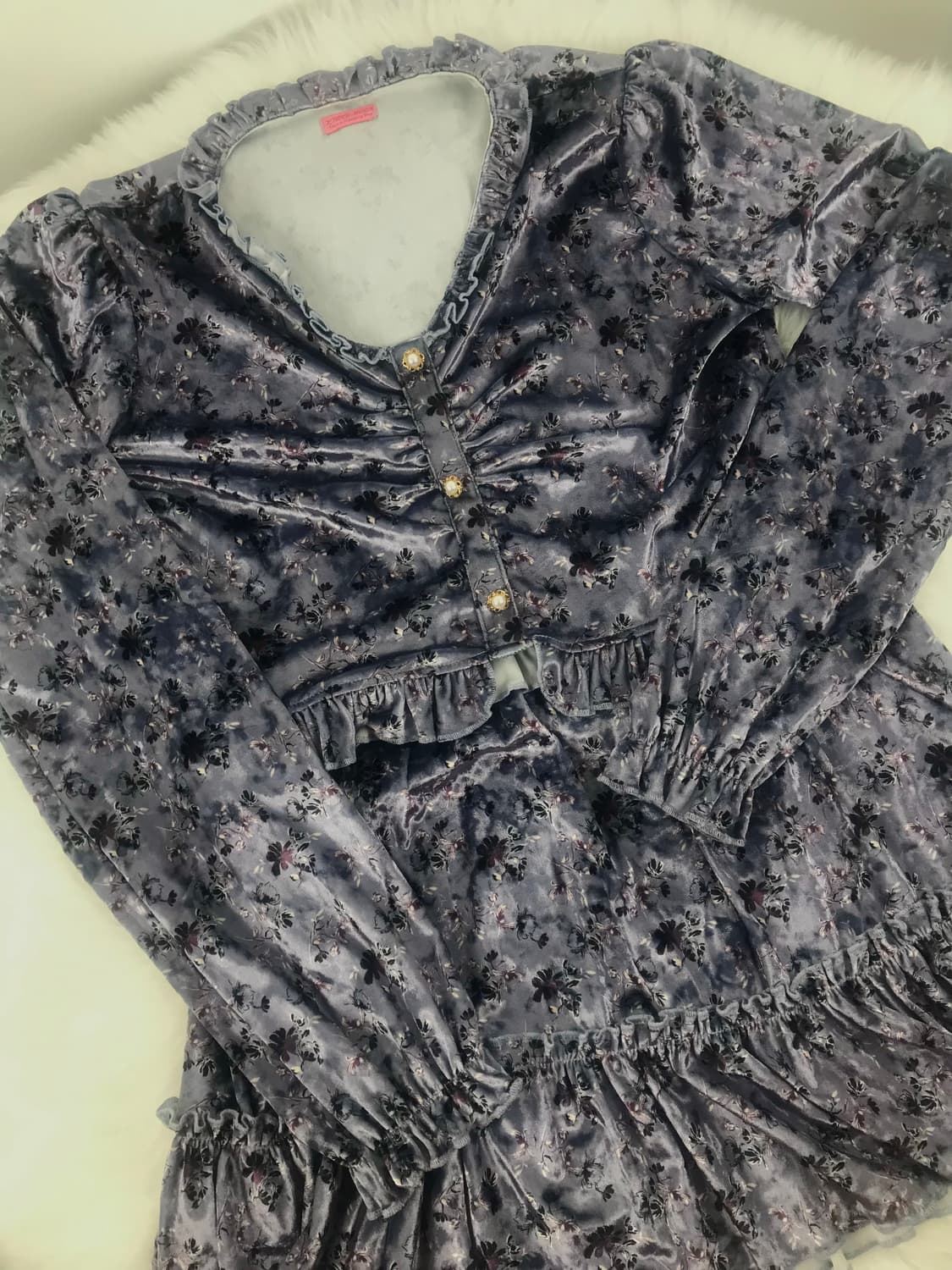 라벤더 플로럴 벨벳 셋업 크롭블라우스 보라색스커트세트 빈티지모리걸원피스 상품이미지6