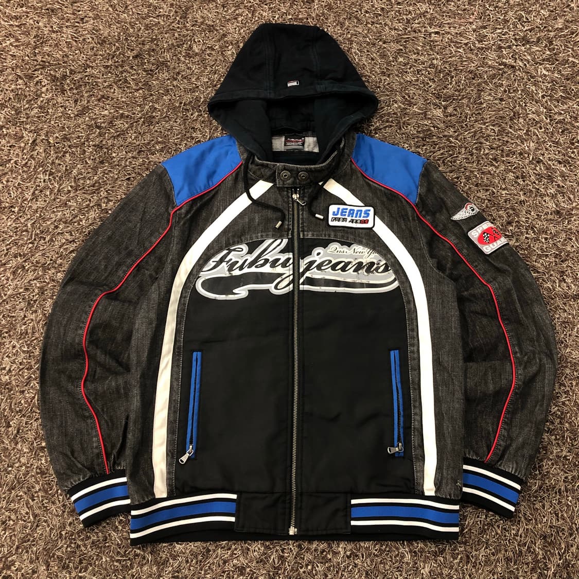 후부 데님 후디드 레이싱 바이커 자켓  상품이미지1
