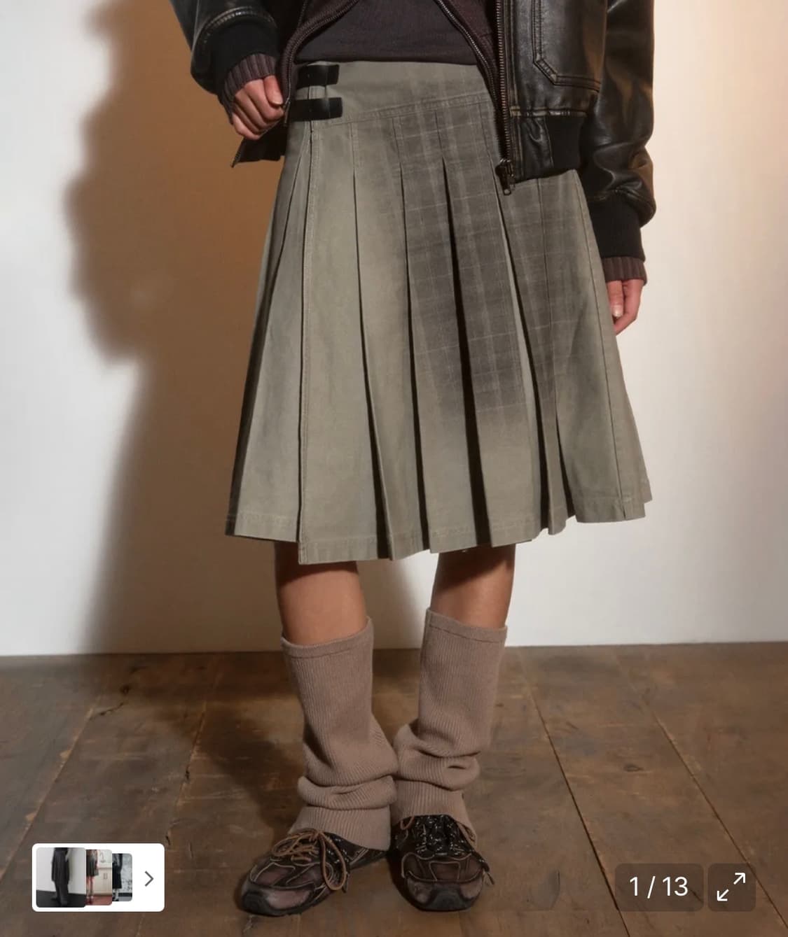 새상품) 포르테나 빈티지 체크 랩 플리츠 미디 스커트 베이지 상품이미지1