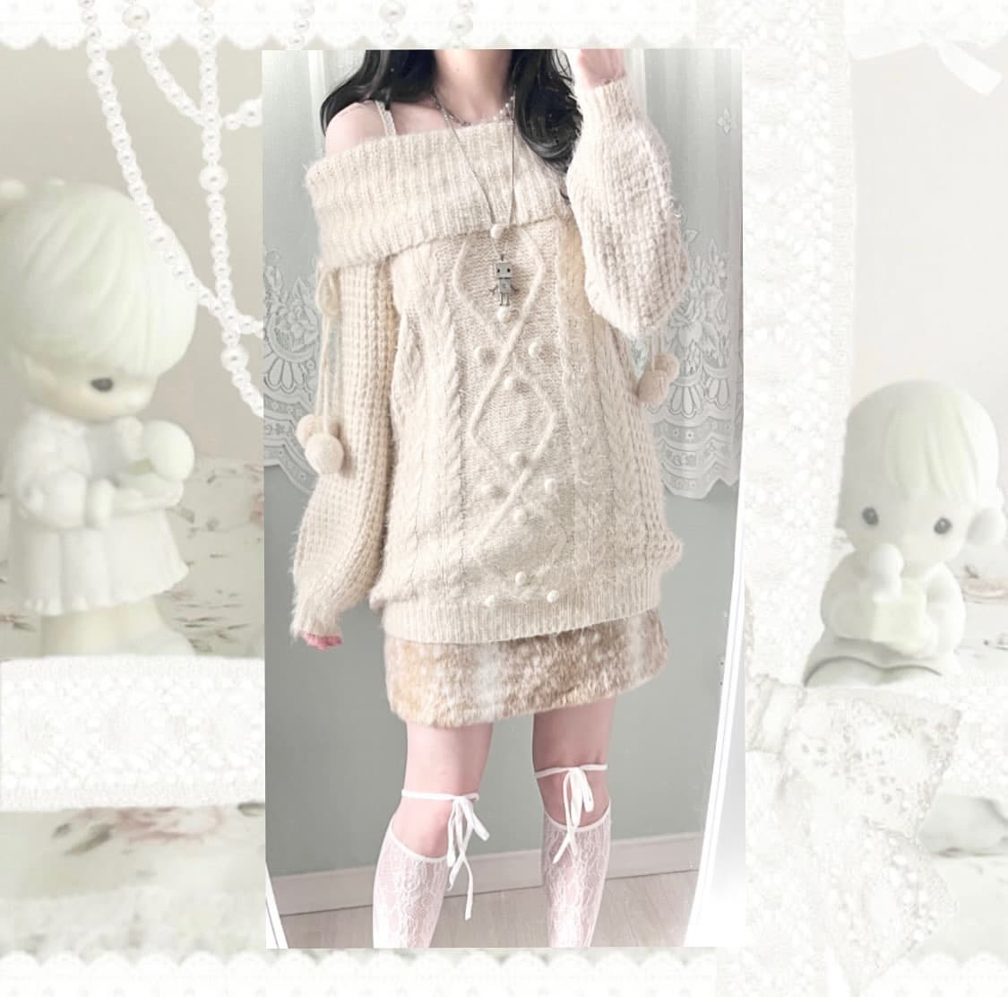 리즈리사 핑크 오프숄더 폼폼이니트 핀터레스트 히메갸루 라떼갸루 핀터깔 상품이미지3