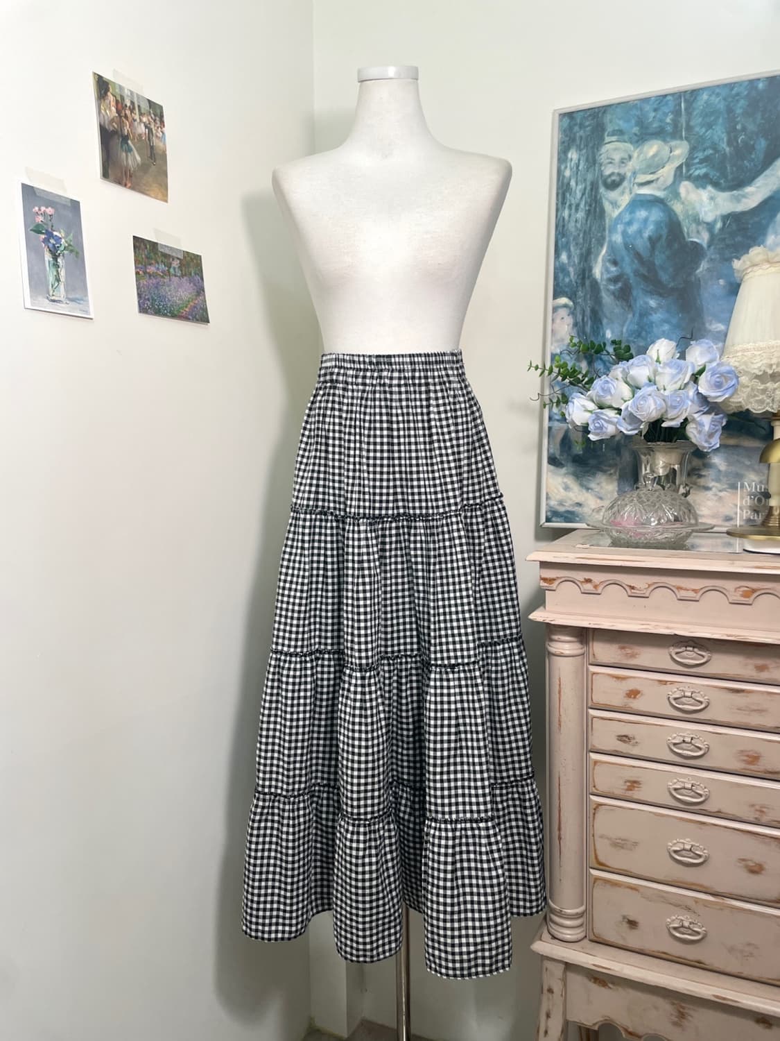 black gingham check long banding skirt 상품이미지1