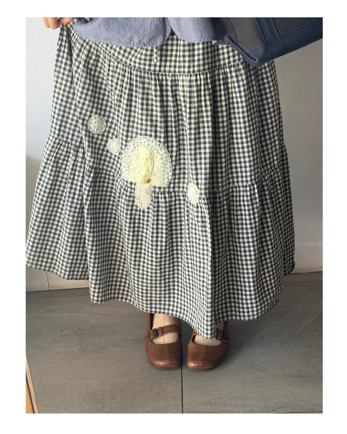 일본빈티지 +수작업패치 버섯패치 깅엄체크 캉캉스커트 상품이미지2