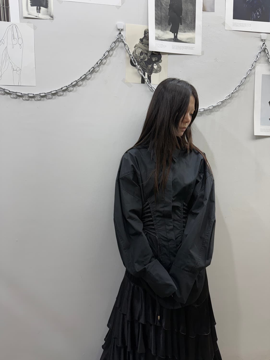 코르셋 실루엣 디테일 코튼 블랙 셔츠 상품이미지3