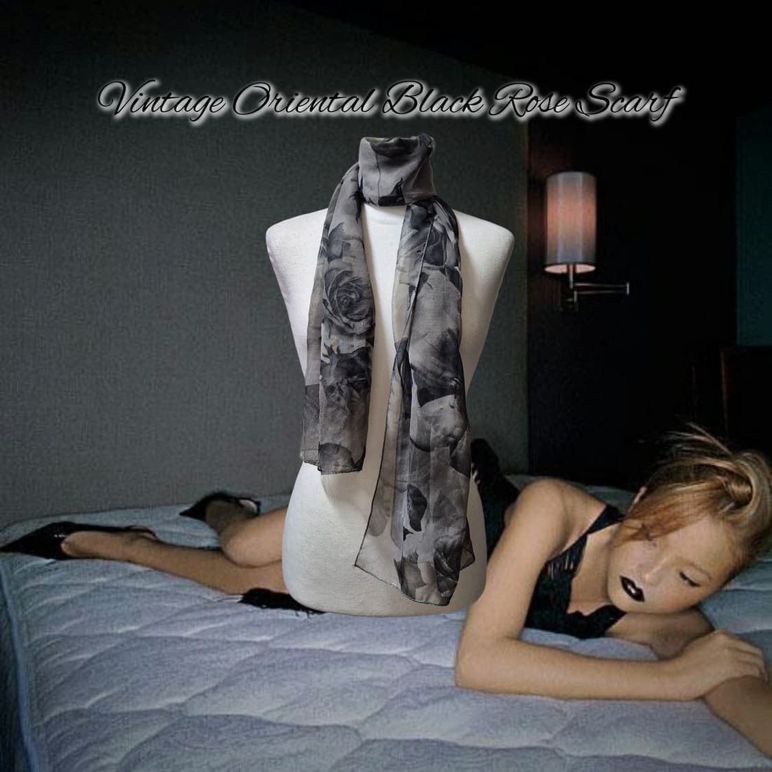 Vintage Oriental Black Rose Scarf 상품이미지1