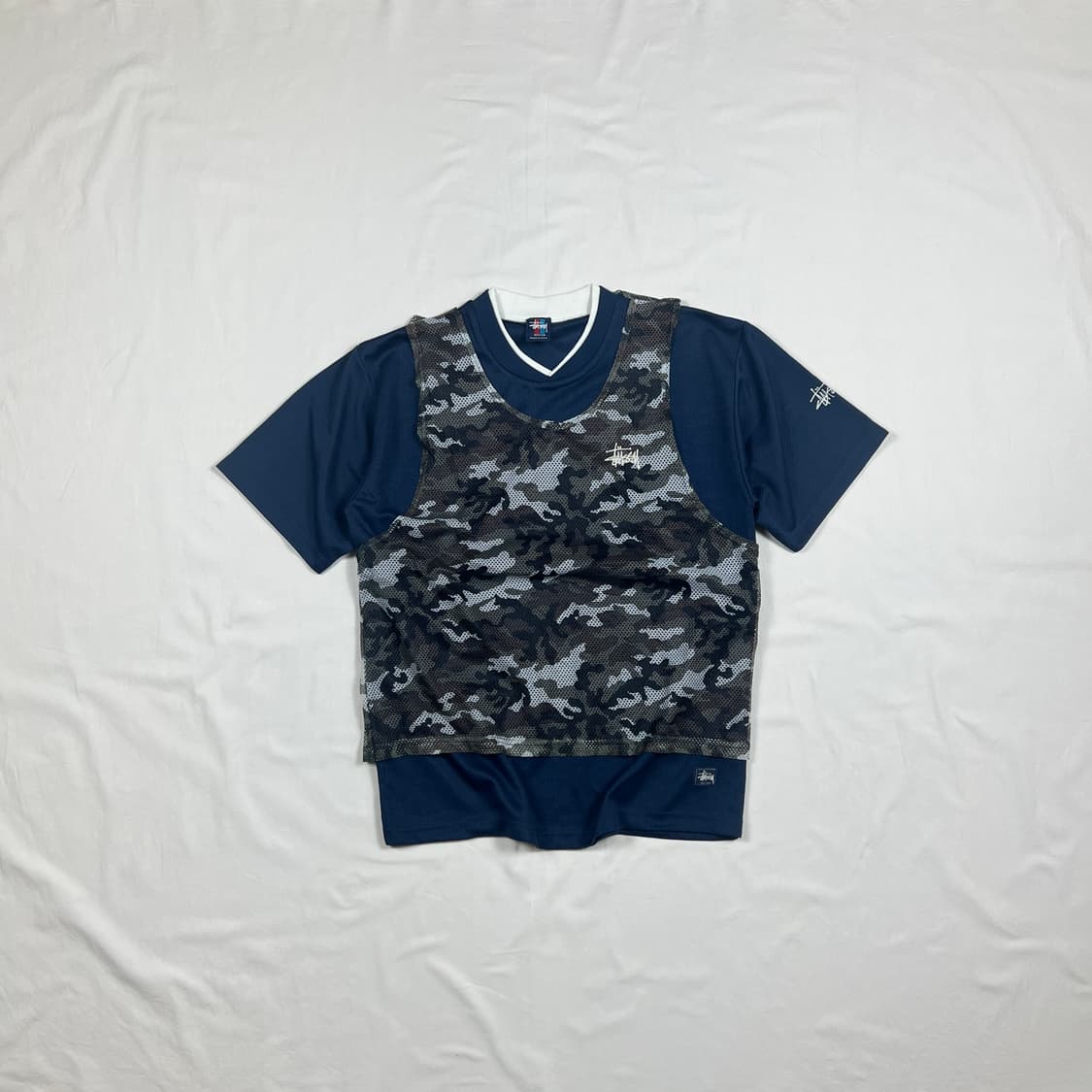 90‘s 스투시 stussy 빅로고 카모 레이어드 반팔저지 상품이미지1