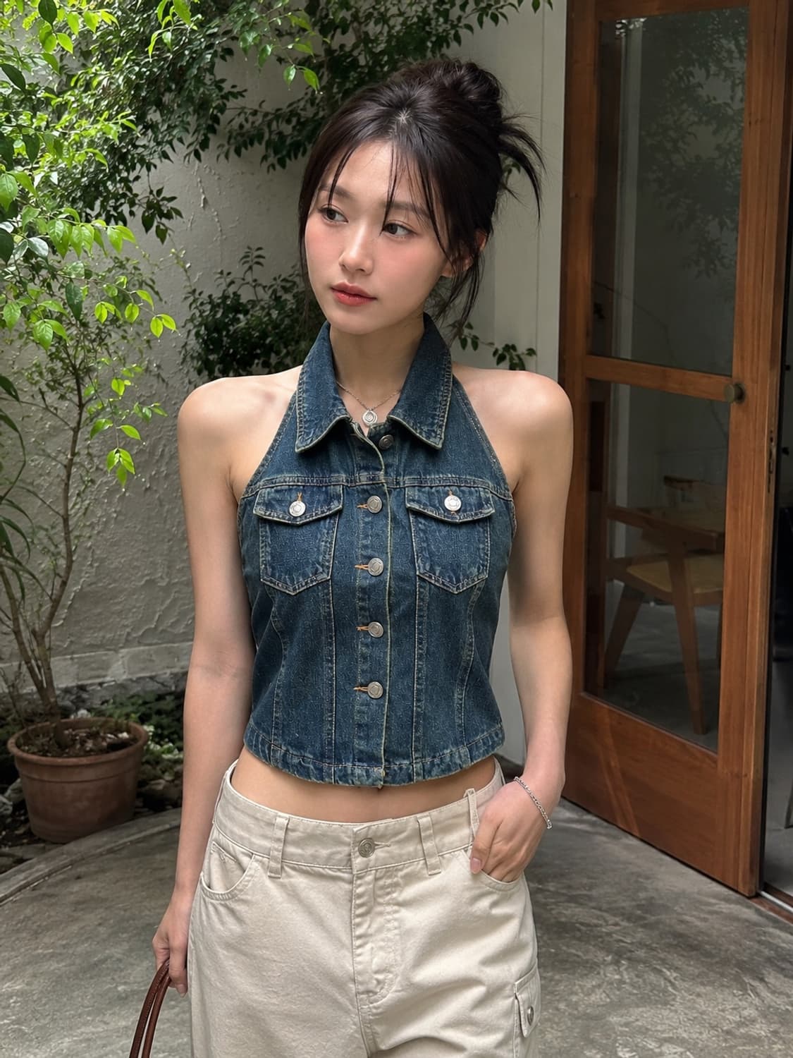 (새상품) Molorda 백리스 스트렙 뷔스티에 데님 탑 상품이미지1