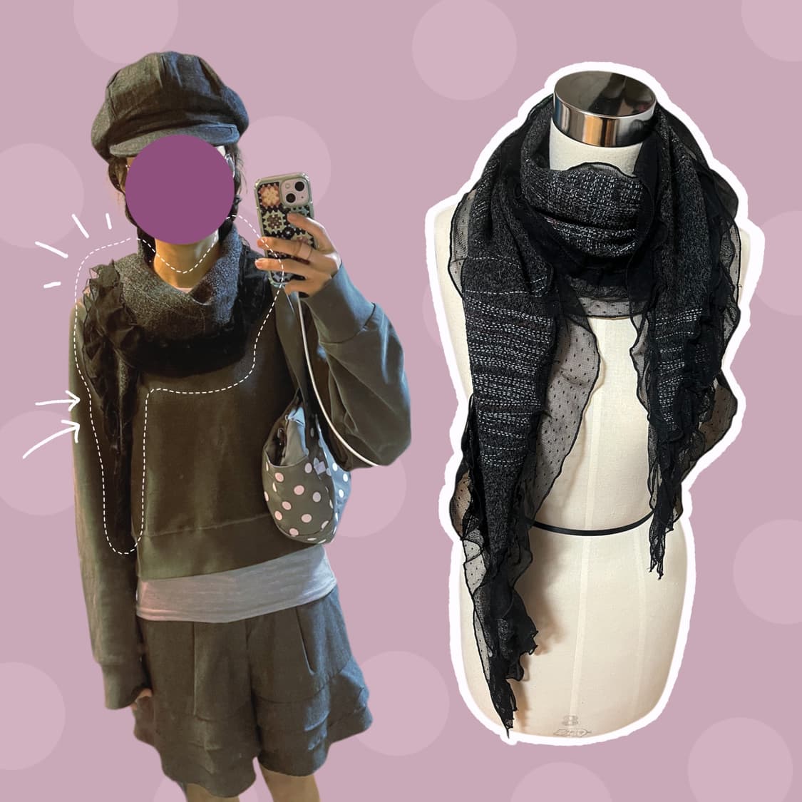 도쿄 빈티지걸의 도트무늬 프릴 블랙 스카프 상품이미지1