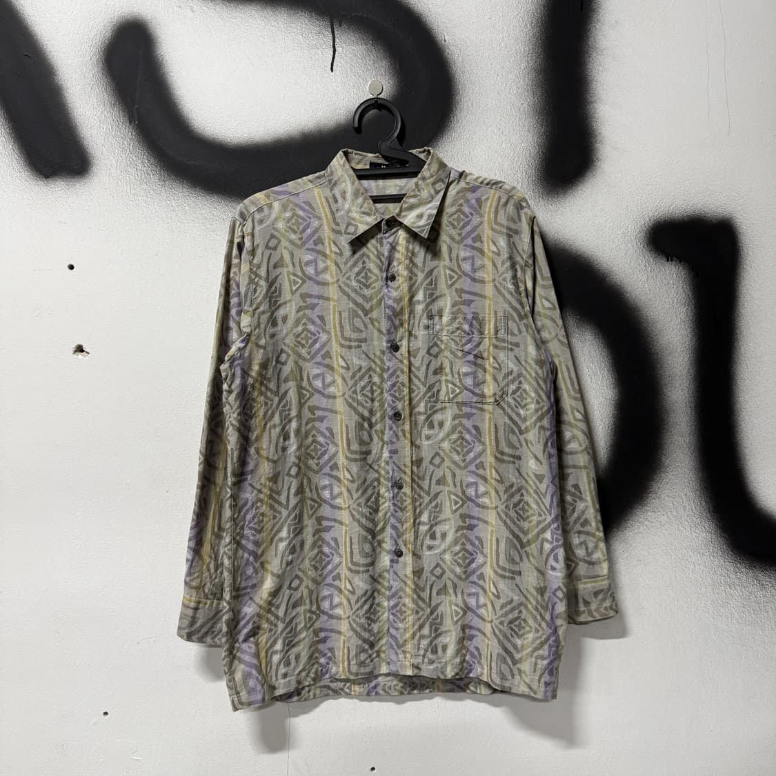 VTG 빈티지 마오리 트라이벌 풀 패턴 원포켓 코튼 긴팔 셔츠 상품이미지1