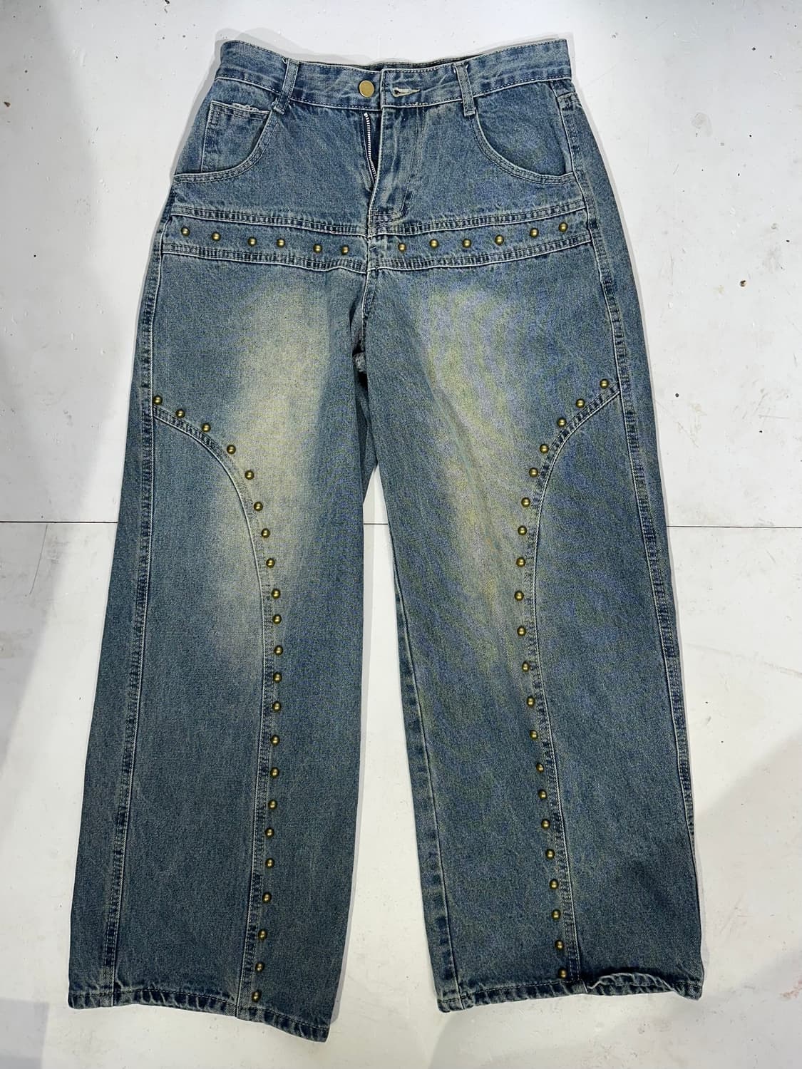 빈티지 y2k 중청 스터드 포인트 워싱 와이드 데님 팬츠 L 상품이미지4
