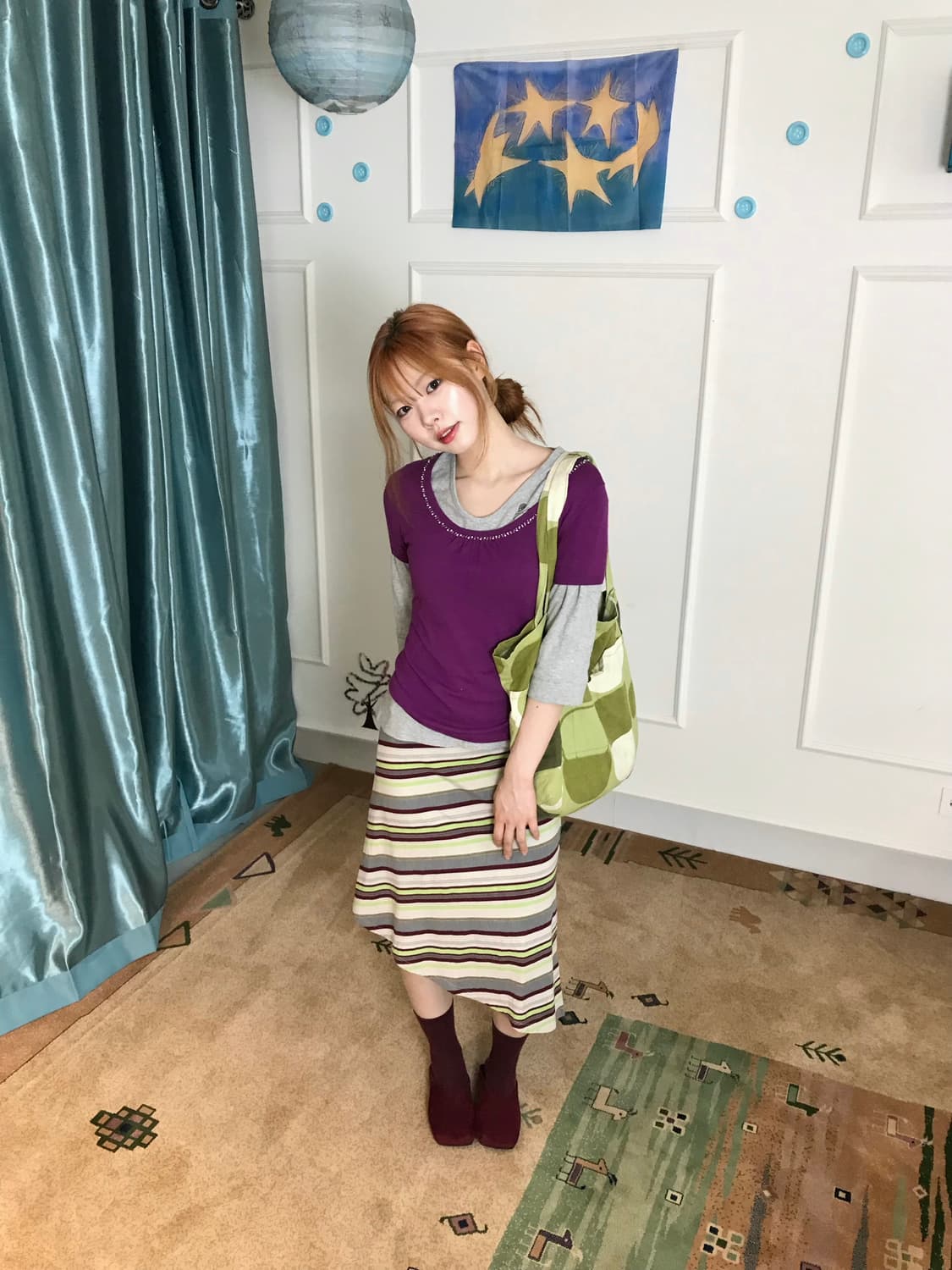 스트라이프 사선 언발 스커트와 색감이 조화는로운 퍼플 상의+말차🍃💟 상품이미지2