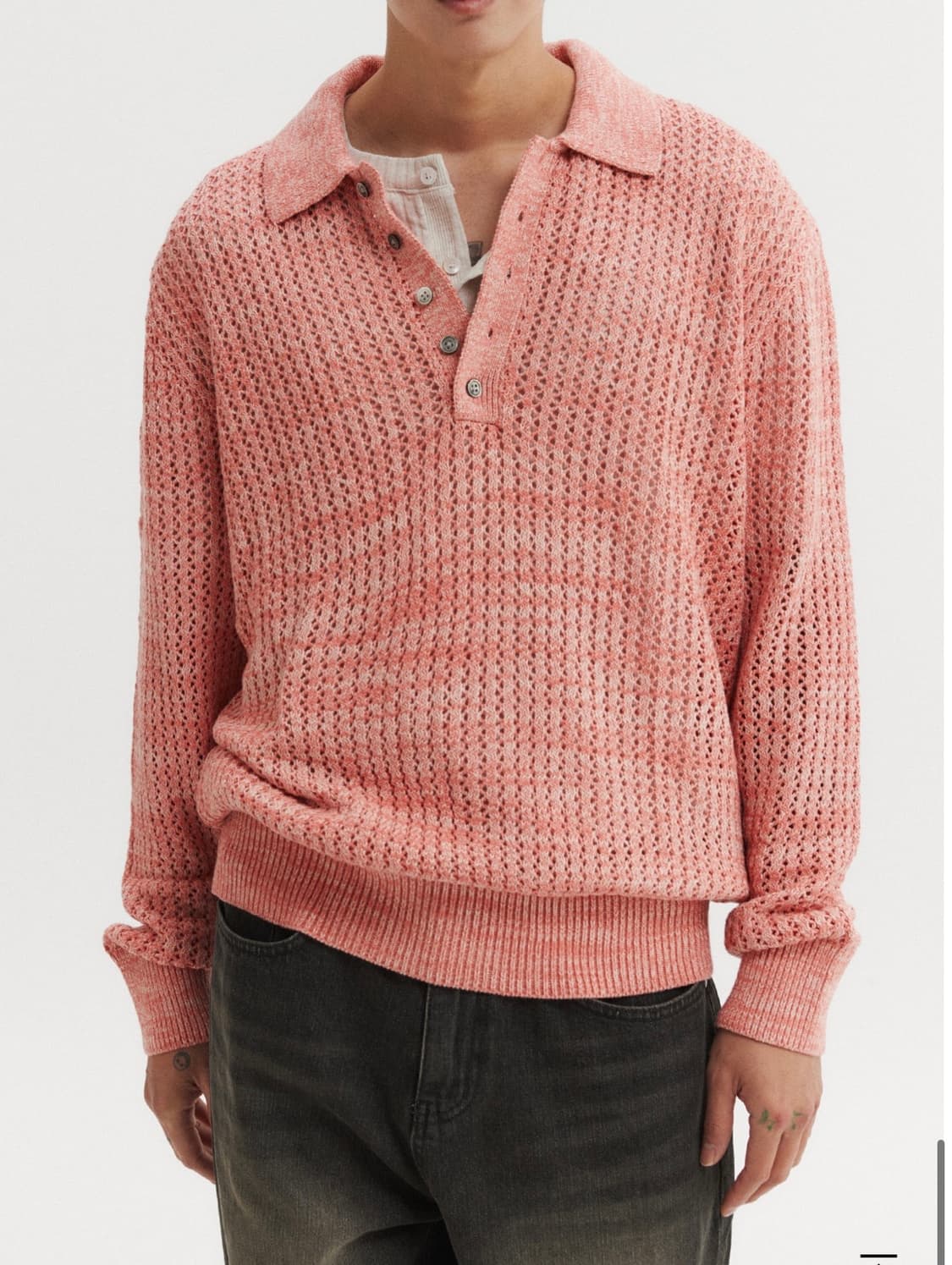 스카시 투톤 반오픈 단추 카라 니트 - 피치 3 상품이미지1