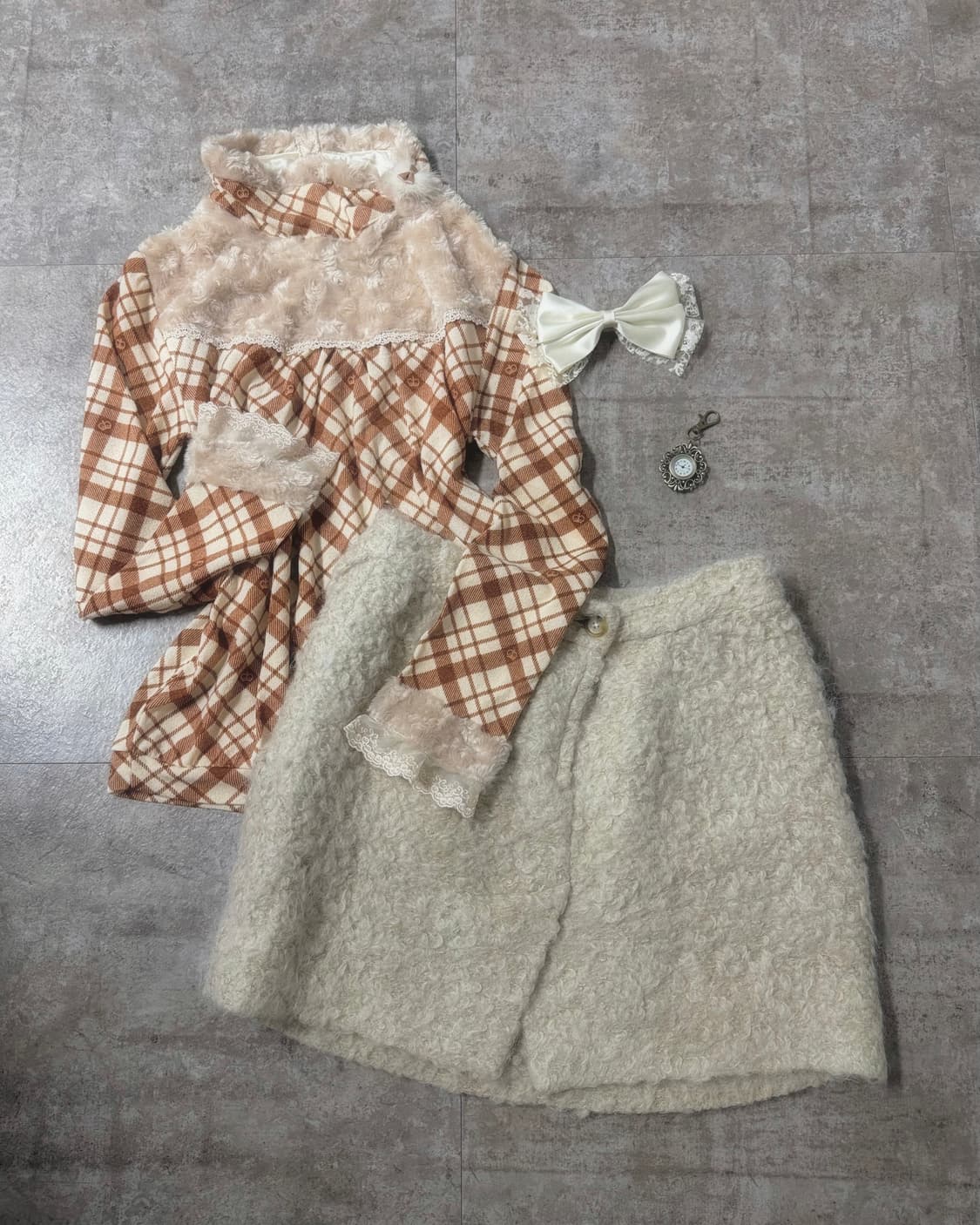 퍼 레이스 체크 패턴 니트 부클 스커트 2pcs SET 상품이미지1