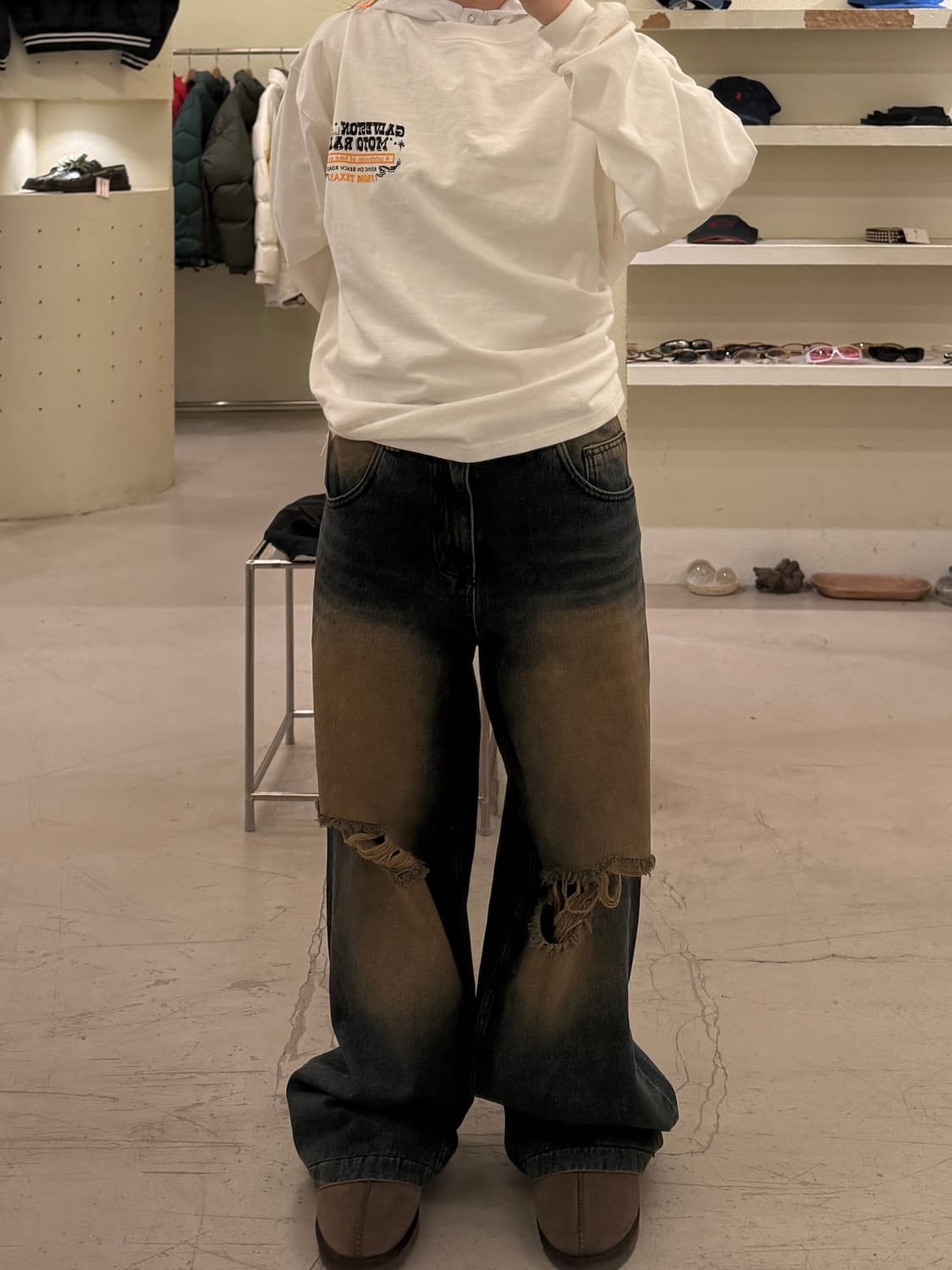 빈티지 워싱 데미지 와이드 데님 팬츠 U882 상품이미지1