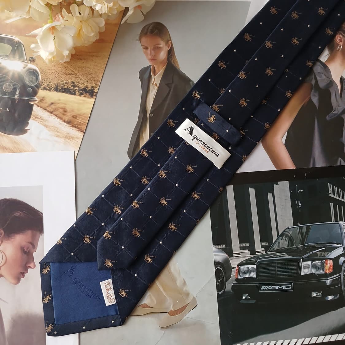 아쿠아스큐텀 실크 네이비 자수 패턴 넥타이 10cm A+등급 A19348 상품이미지5