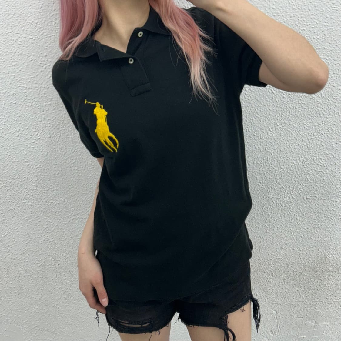 폴로 랄프로렌 옐로우 빅포니 블랙 카라 반팔 M 상품이미지1