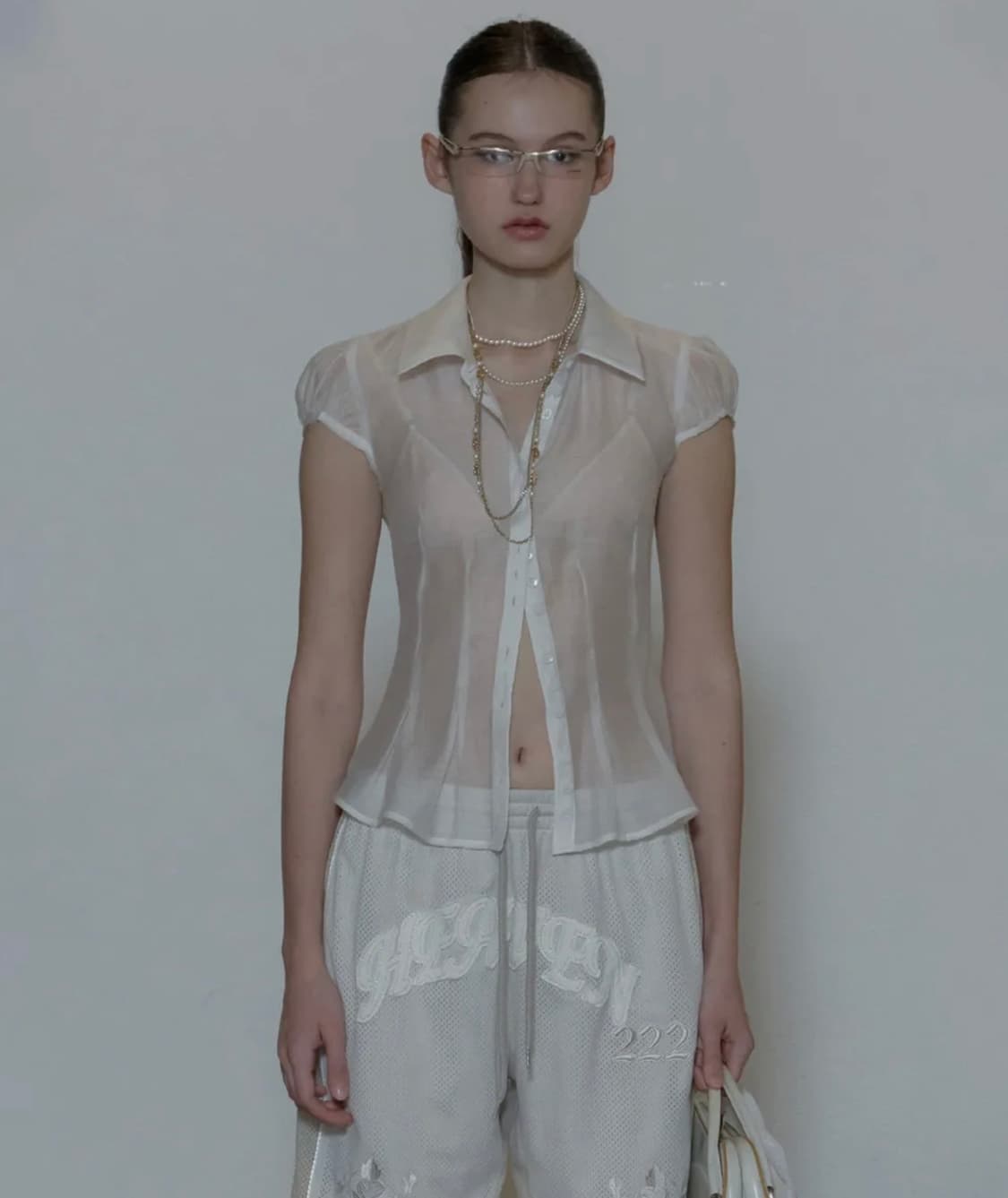 스컬프터 시스루 반팔 블라우스 화이트 M 상품이미지1