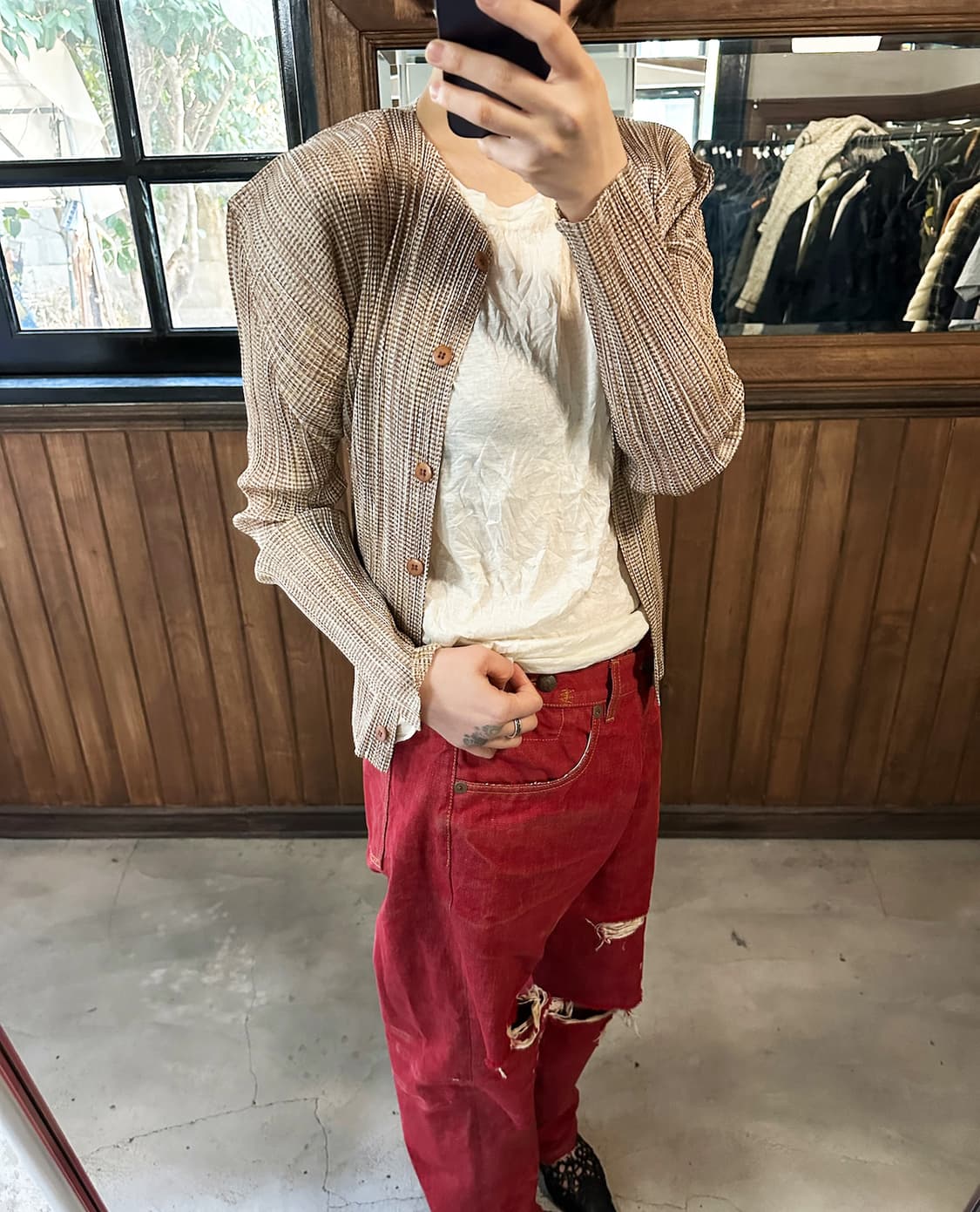 PLEATS PLEASE brown micro check cardigan 상품이미지1