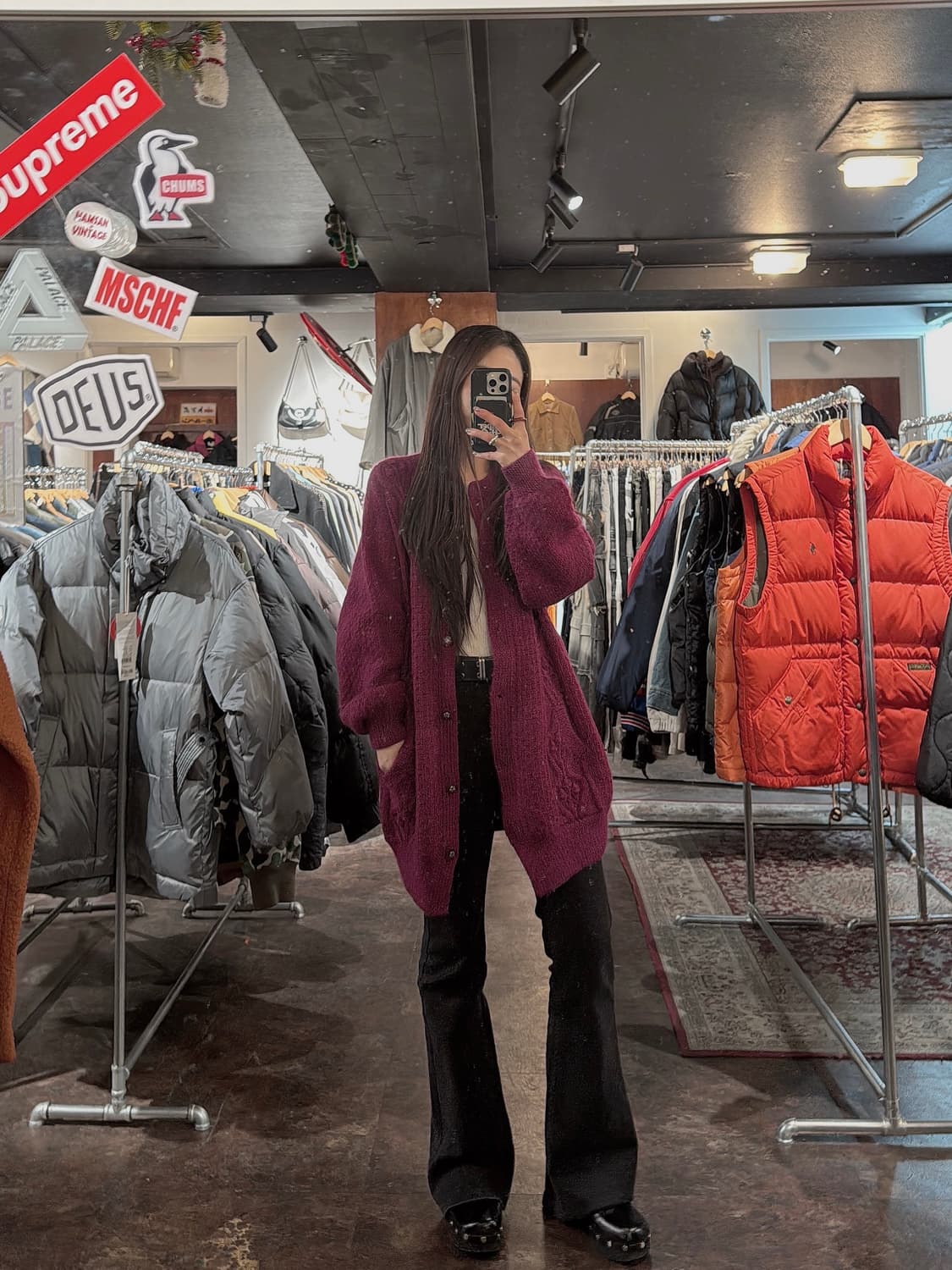 빈티지 버건디 케이블 꽈배기 울 니트 롱 가디건 상품이미지6