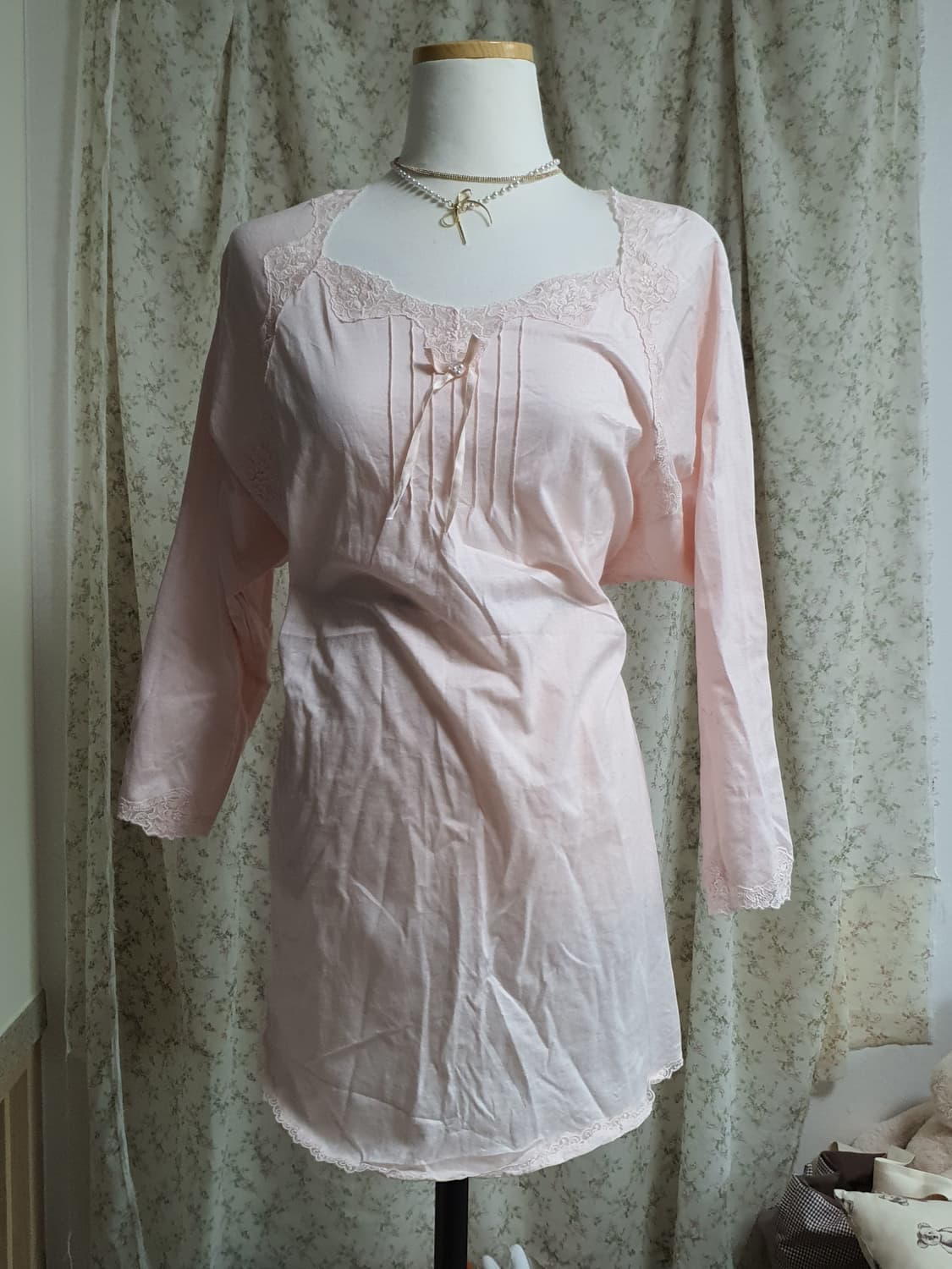 [일본빈티지] 레이스 핑크색 긴팔 셔츠 슬립 상품이미지1