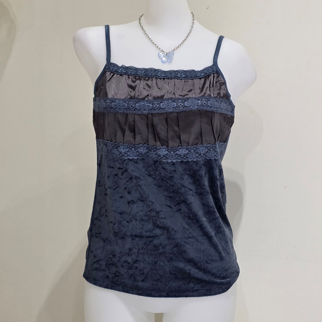 일본빈티지)블루x딥그린 벨벳 오네갸루 오리엔탈 레이스 슬리브리스탑 상품이미지1