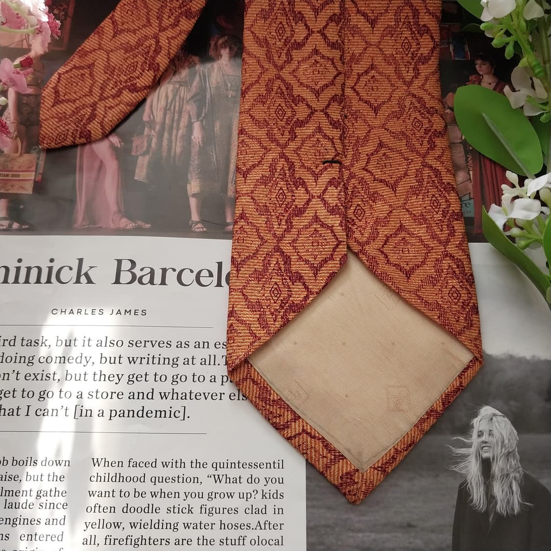 피에르 발망 실크 오렌지 기하 패턴 넥타이 9.5cm A+등급 K1670 상품이미지9