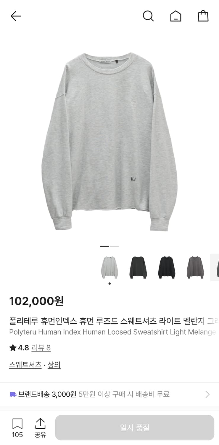 [3] 폴리테루 휴먼인덱스 루즈드 스웻셔츠 그레이 상품이미지1