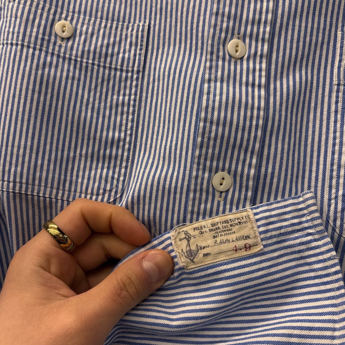 90s 폴로 랄프로렌 히코리 스트라이프 워크셔츠 캣아이 2포켓 N794 상품이미지5