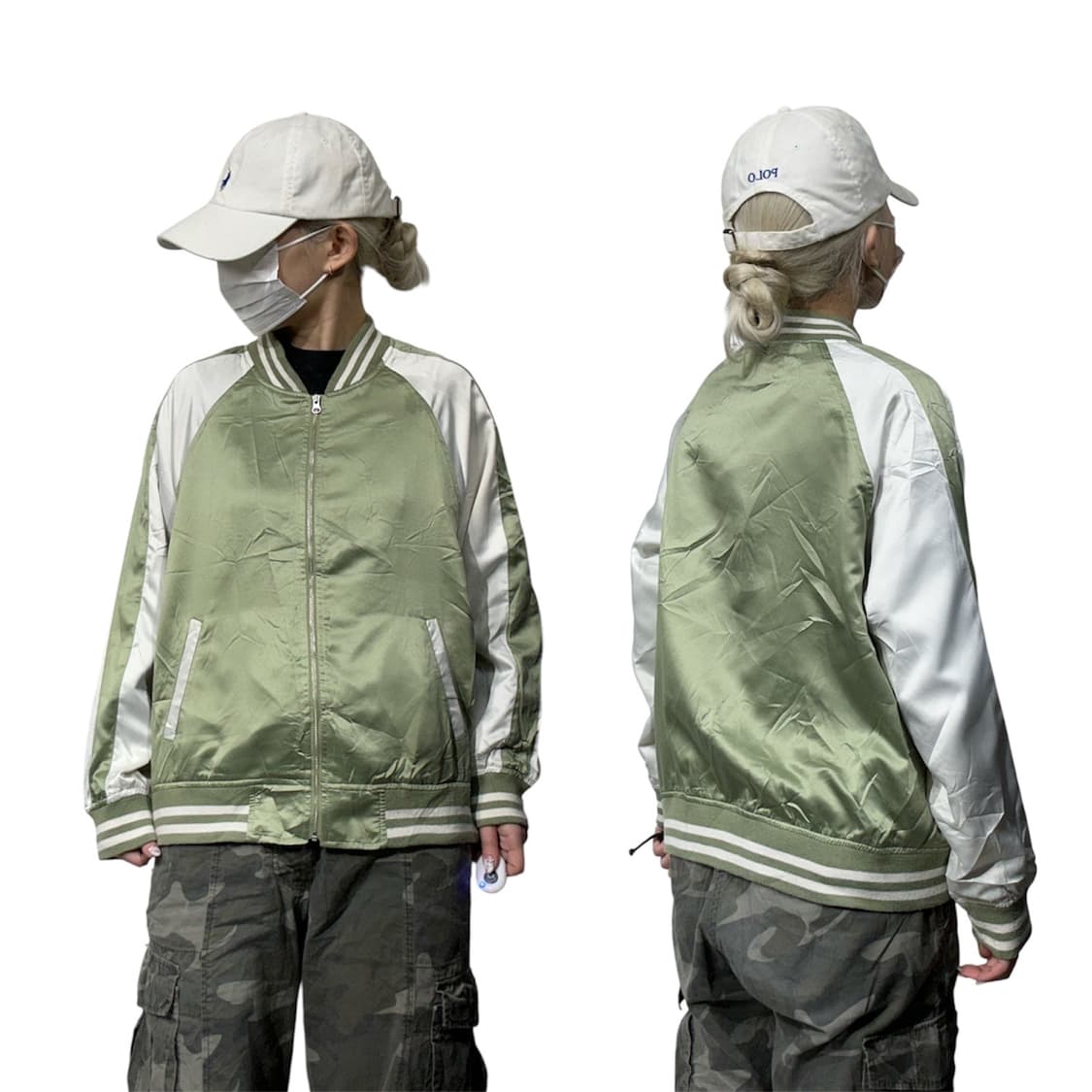 일본 빈티지 카키 화이트 스카잔 야구 잠바 L 상품이미지1