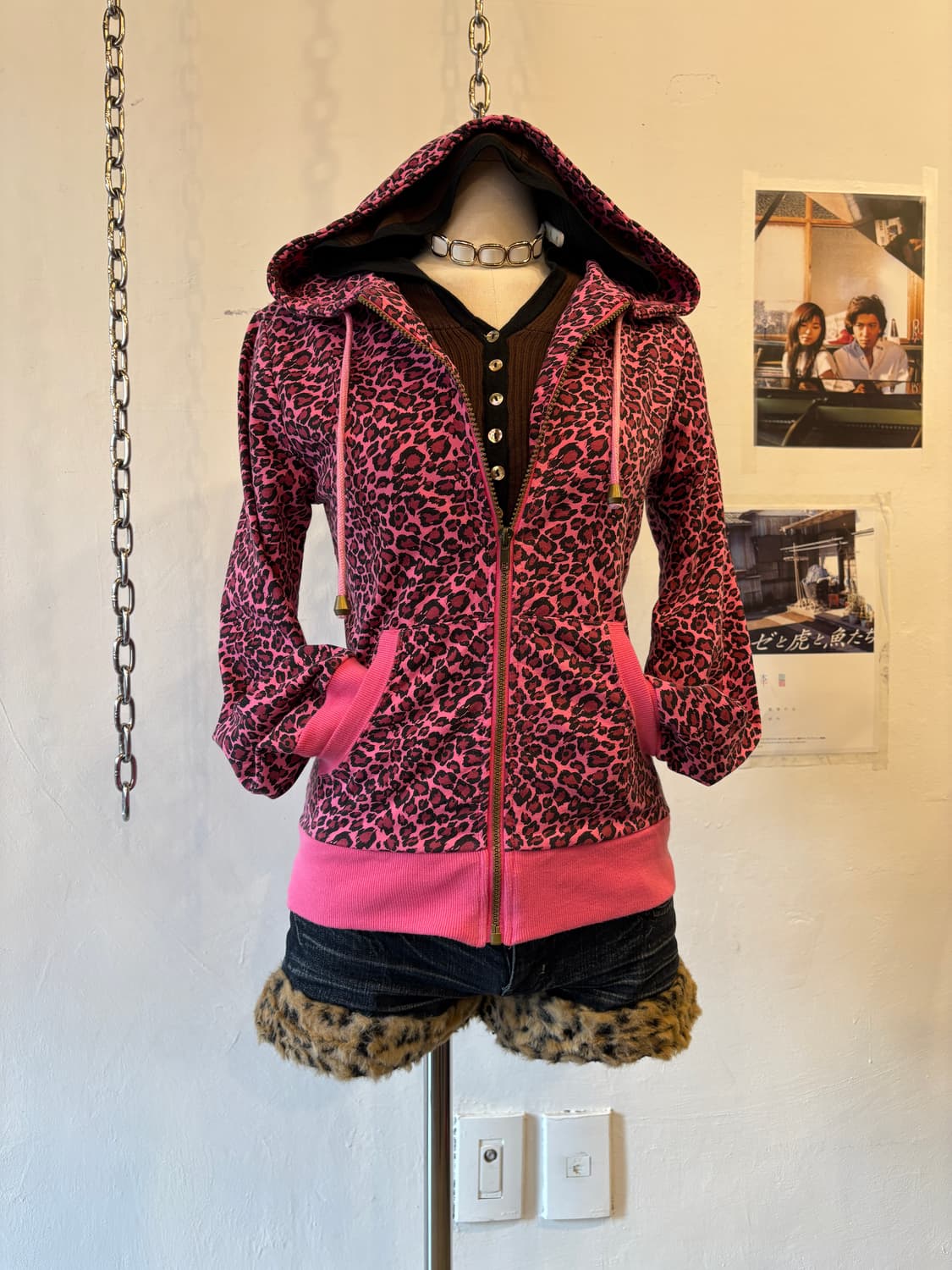 레오파드 패턴 핫핑크 후드집업 키치 갸루 상품이미지1