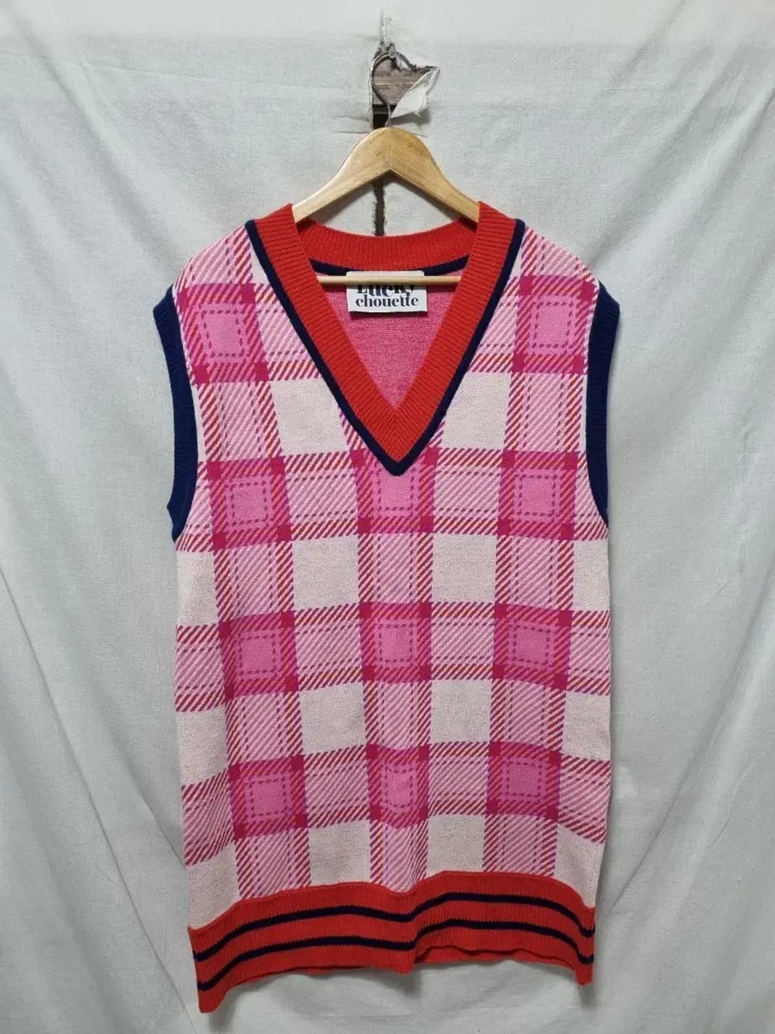 럭키슈에뜨 핑크 체크 니트 원피스 F 상품이미지1