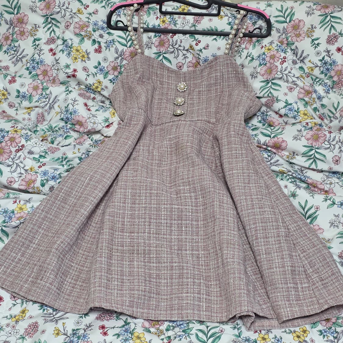 evelyn 에블린)양산형 스나계st 핑크 트위드 글리터 진주 원피스op 상품이미지2