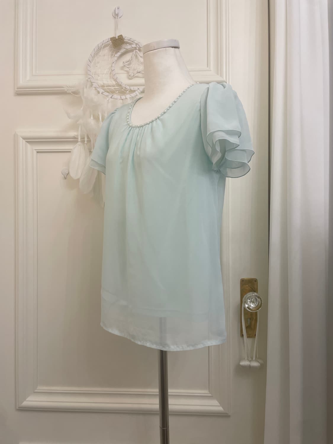 sheer mint puff sleeve lovely blouse 상품이미지2