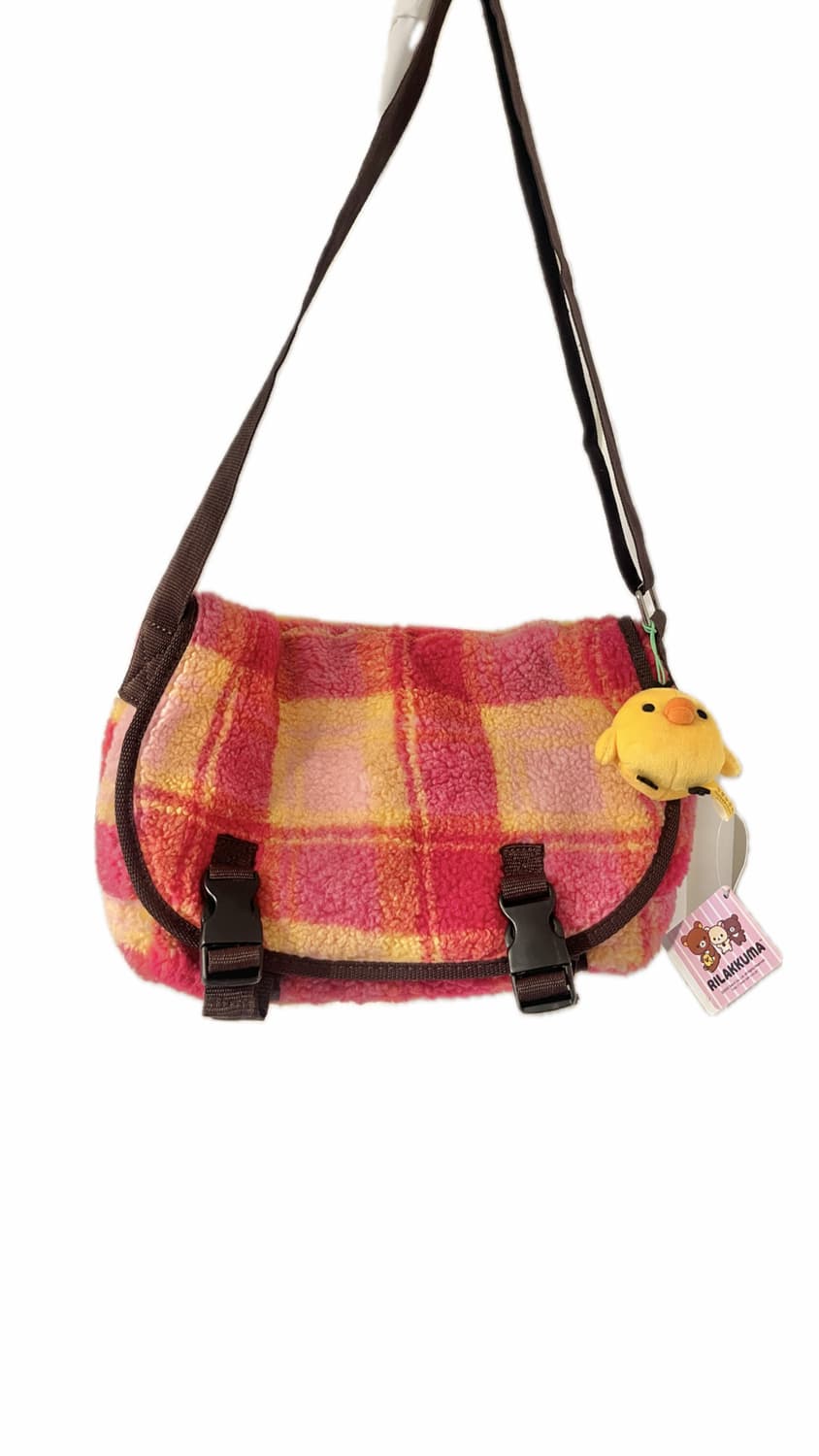 핑크옐로우 체크 뽀글이 메신저백 🐥 상품이미지1