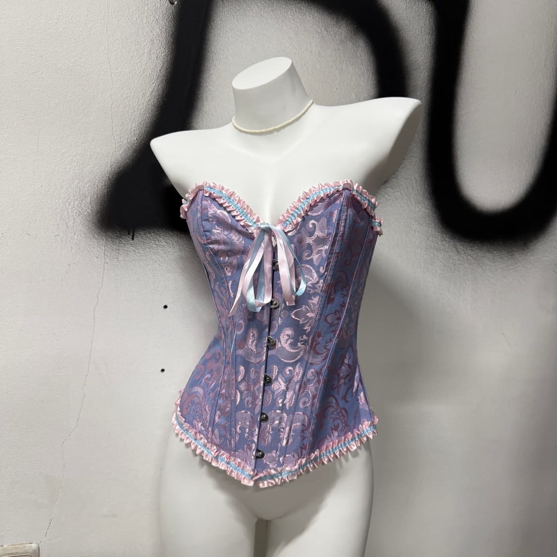 VTG 빈티지 오리엔탈 갸루 파스텔 새틴 패턴 리본 레이스 코르셋 탑 상품이미지1