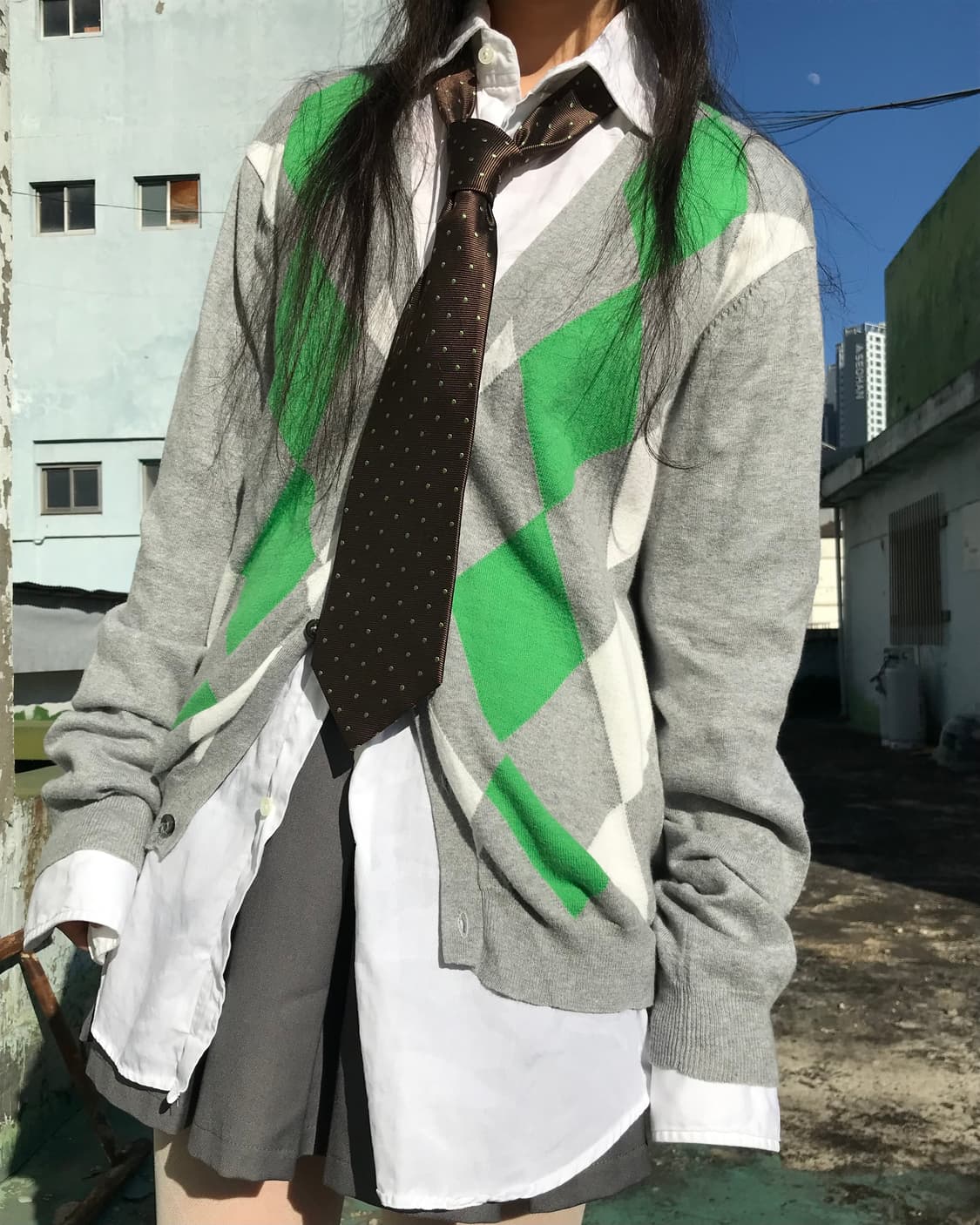 그린 포인트 그레이 아가일 가디건 상품이미지6