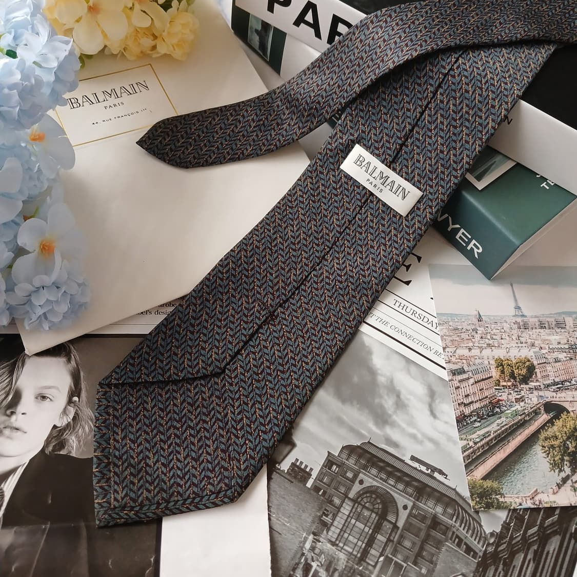 BALMAIN 발망 실크 브라운 패턴 넥타이 9.5cm A+등급 E900 상품이미지3