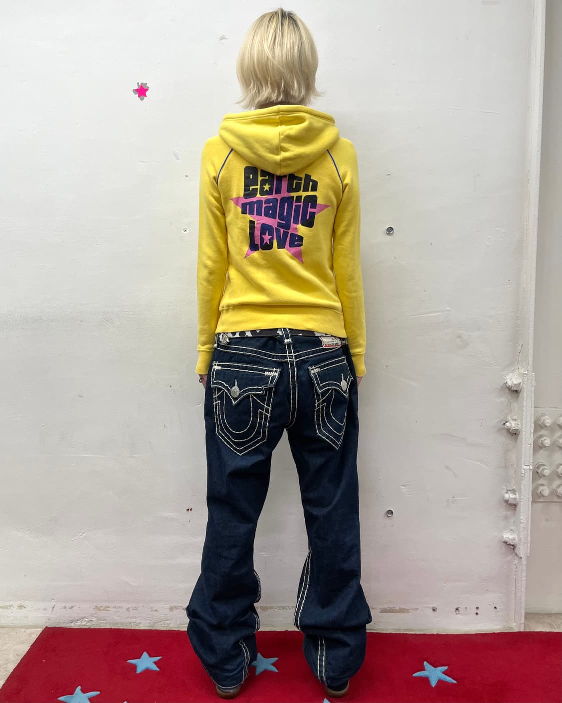 Retro Pink Star Yellow Hooded Zip-Up  상품이미지5