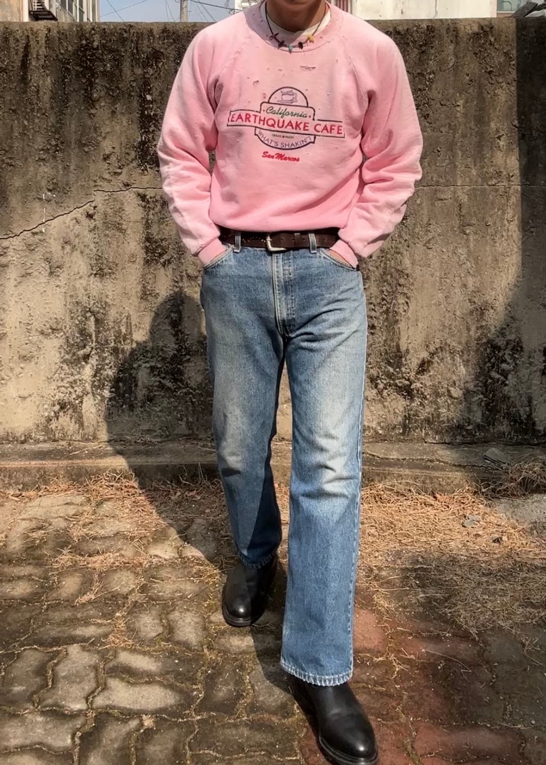 90s fruit of the loom 디스트레스드 핑크다잉 스웻셔츠 상품이미지3