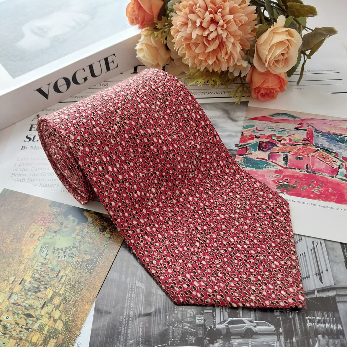 타케오 키쿠치 실크 레드 패턴 넥타이 9.7cm A+등급 K2536
 상품이미지4