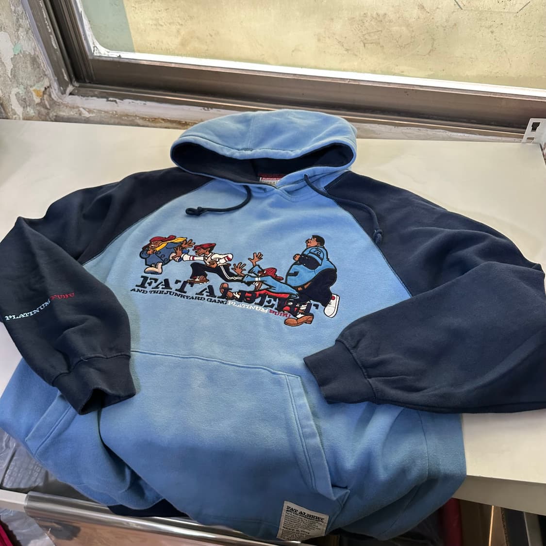 M-L 푸부 FUBU 블루 오버핏 자수 스웻코튼 후드티 상품이미지3