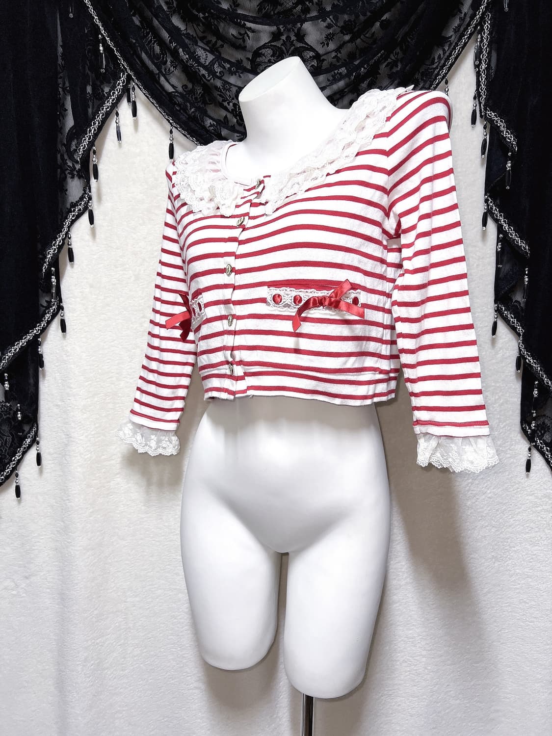 리즈리사 스트라이프 리본 프릴 레이스 가디건 러블리 히메갸루 라떼 핀터  상품이미지4