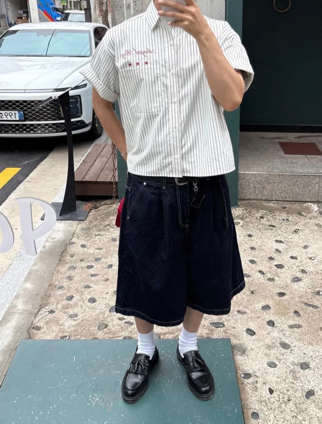 크롭 스트라이프 반팔 셔츠 상품이미지2