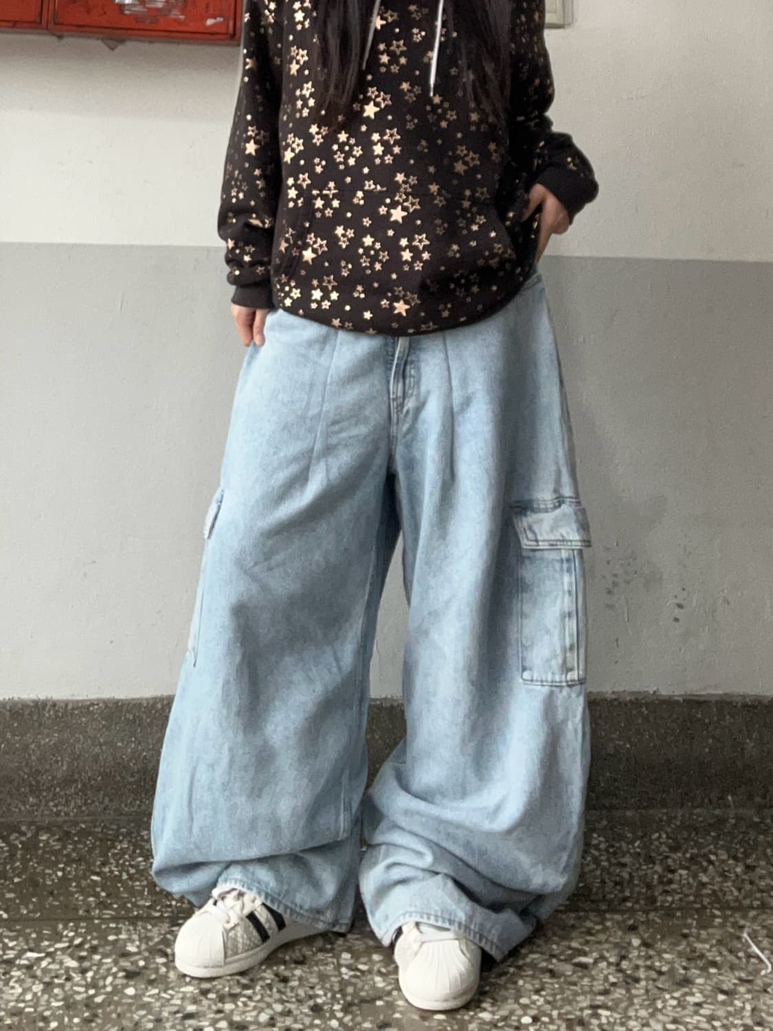 90s 연청 아이스워싱 데님 카고와이드팬츠 상품이미지1