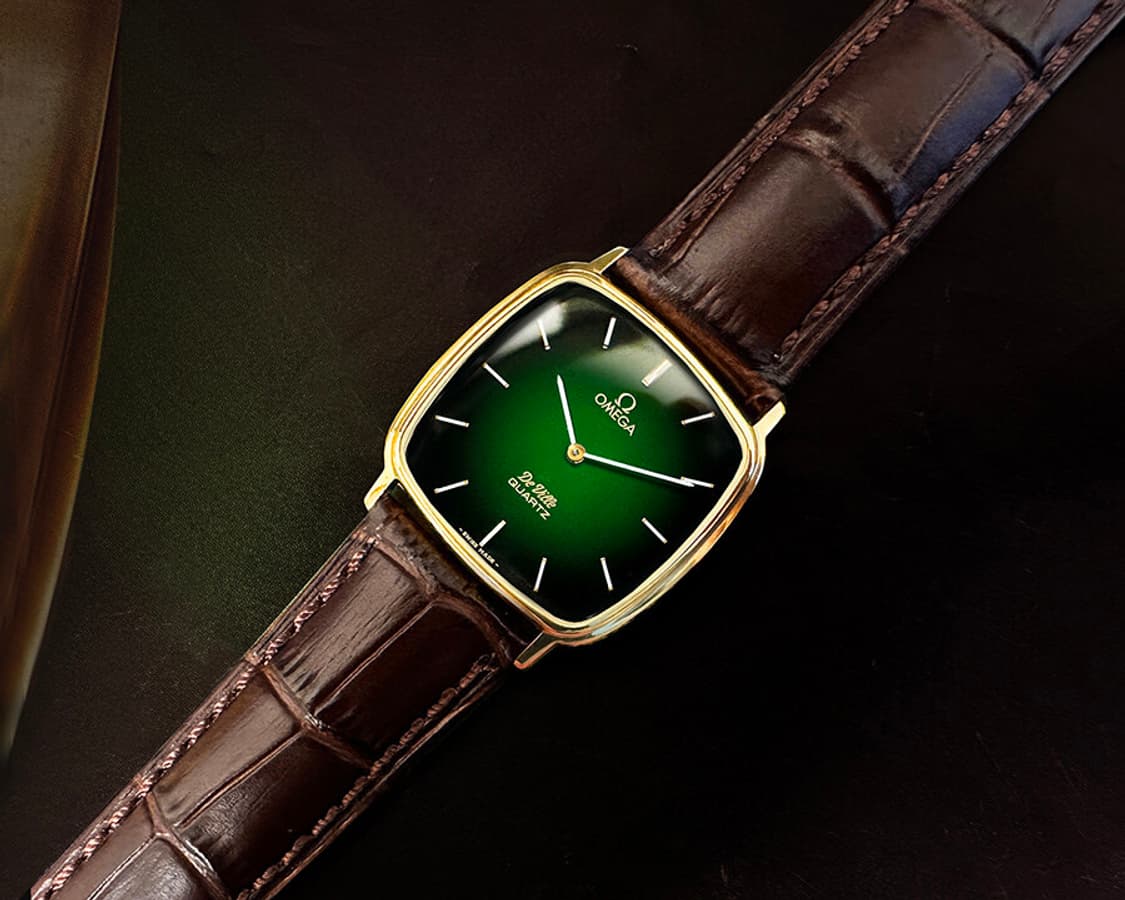 오메가 드빌 녹색투톤 로만 다이얼 쿼츠 남녀공용 가죽 시계 상품이미지3