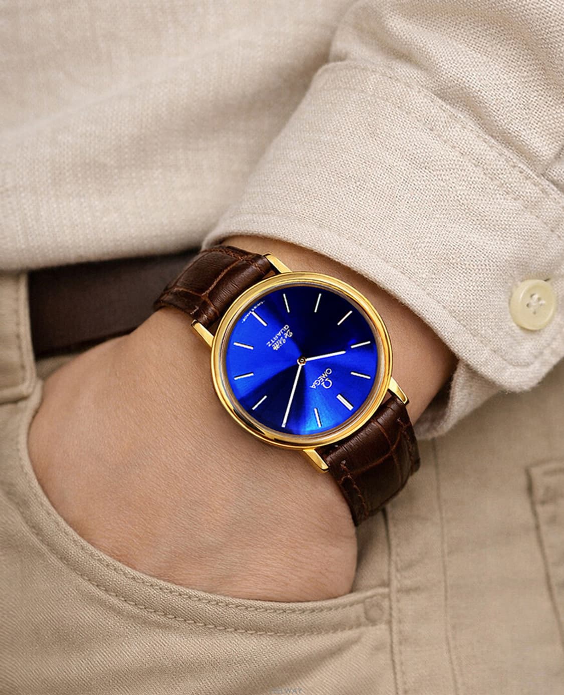 오메가 희귀 드빌 쿼츠 블루 다이얼 남녀공용 가죽 시계 상품이미지2