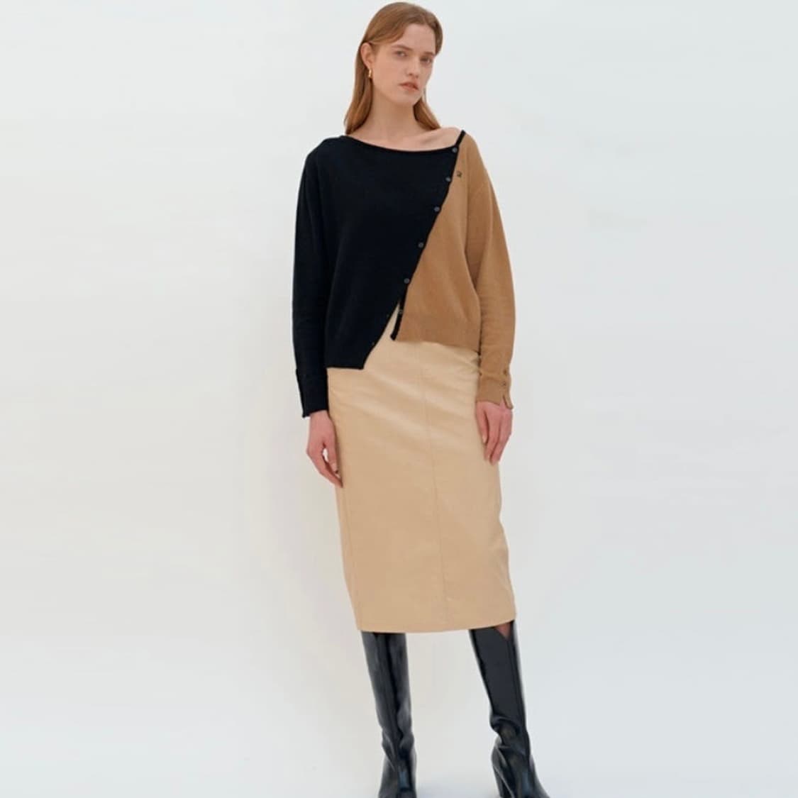 다이애그널 캐시미어 언발란스 가디건 베이지 상품이미지3