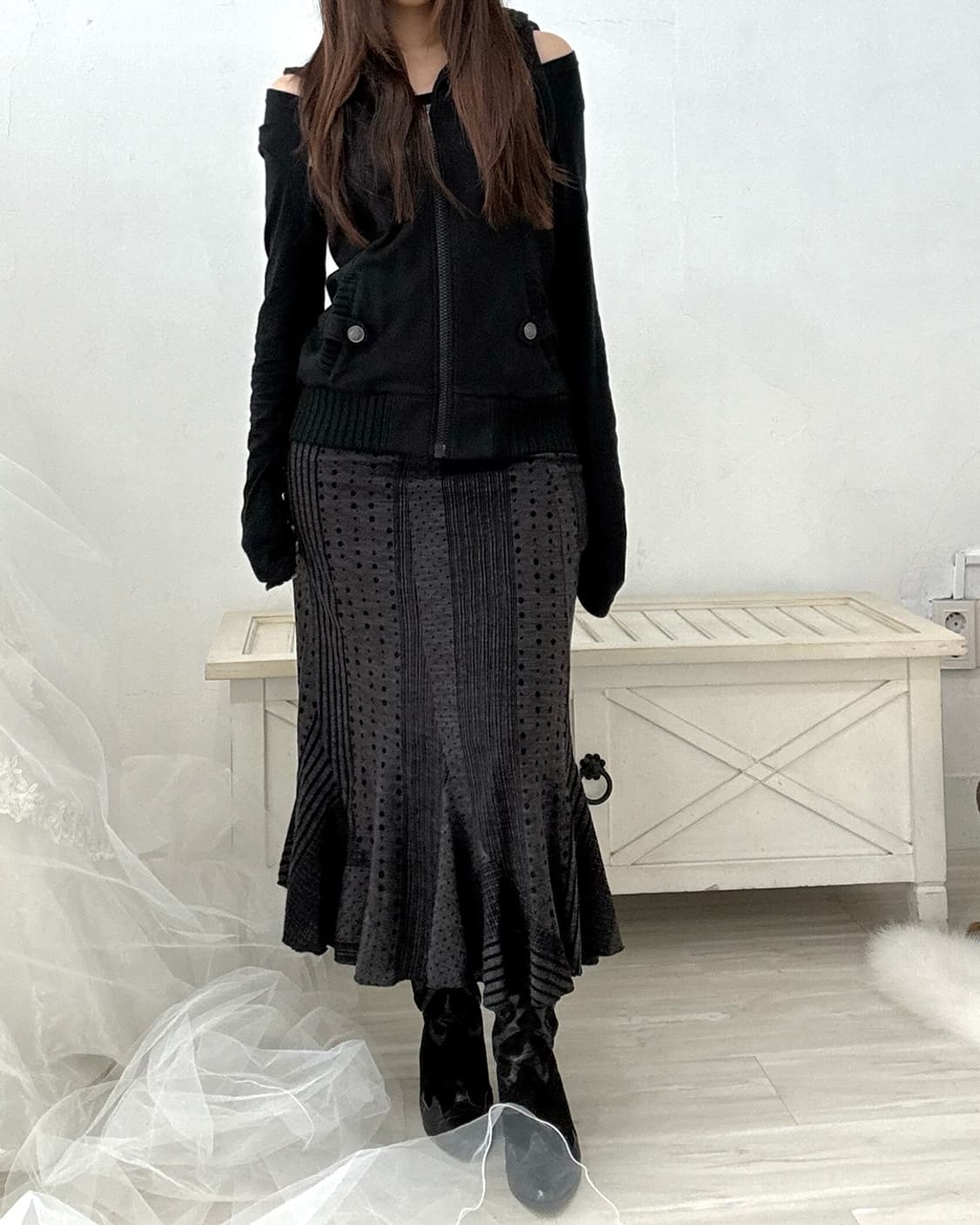 Dot stripe purple black long skirt 상품이미지7